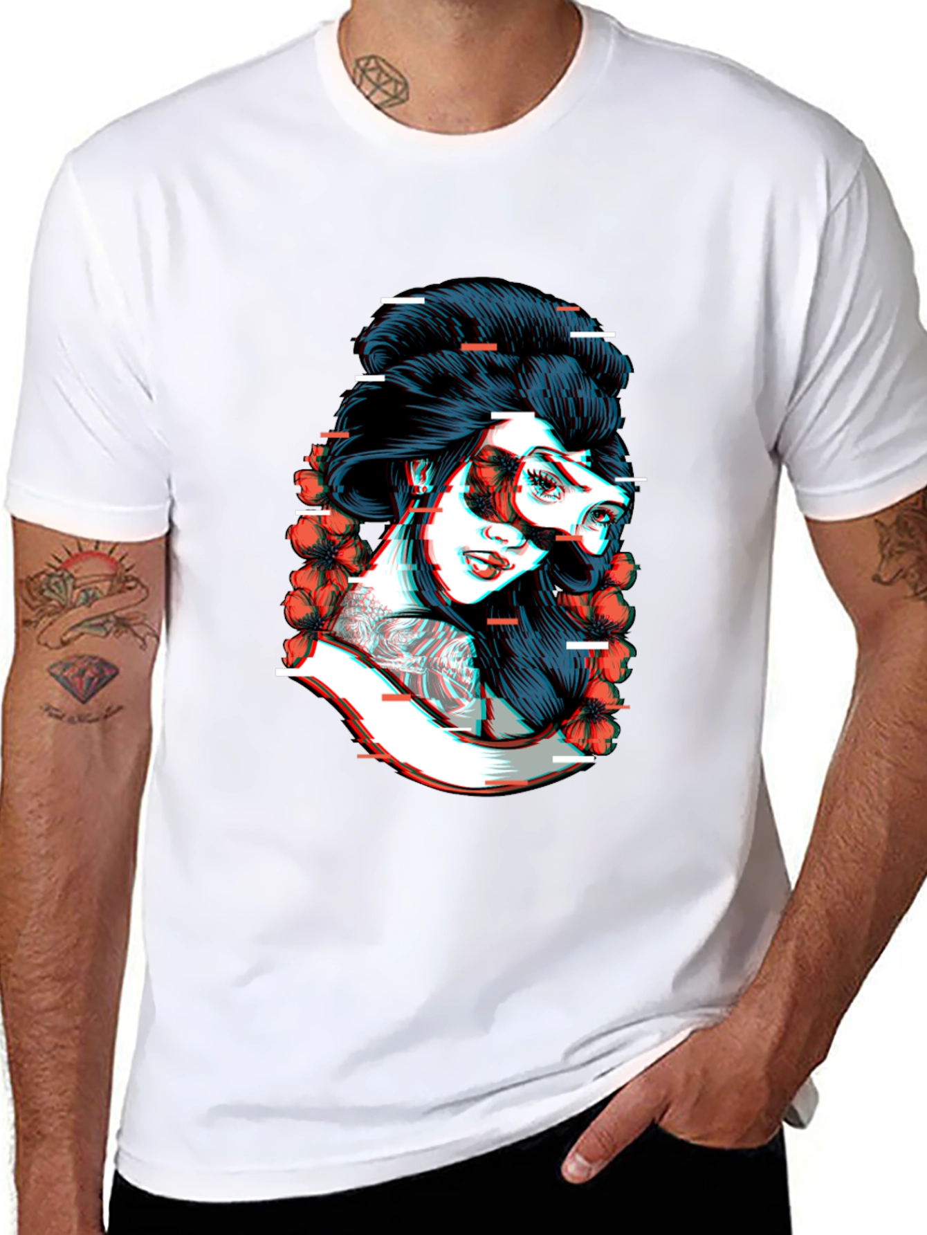 Black Glitch Geisha Graphic Tee - Black Cotton T-Shirt view 8