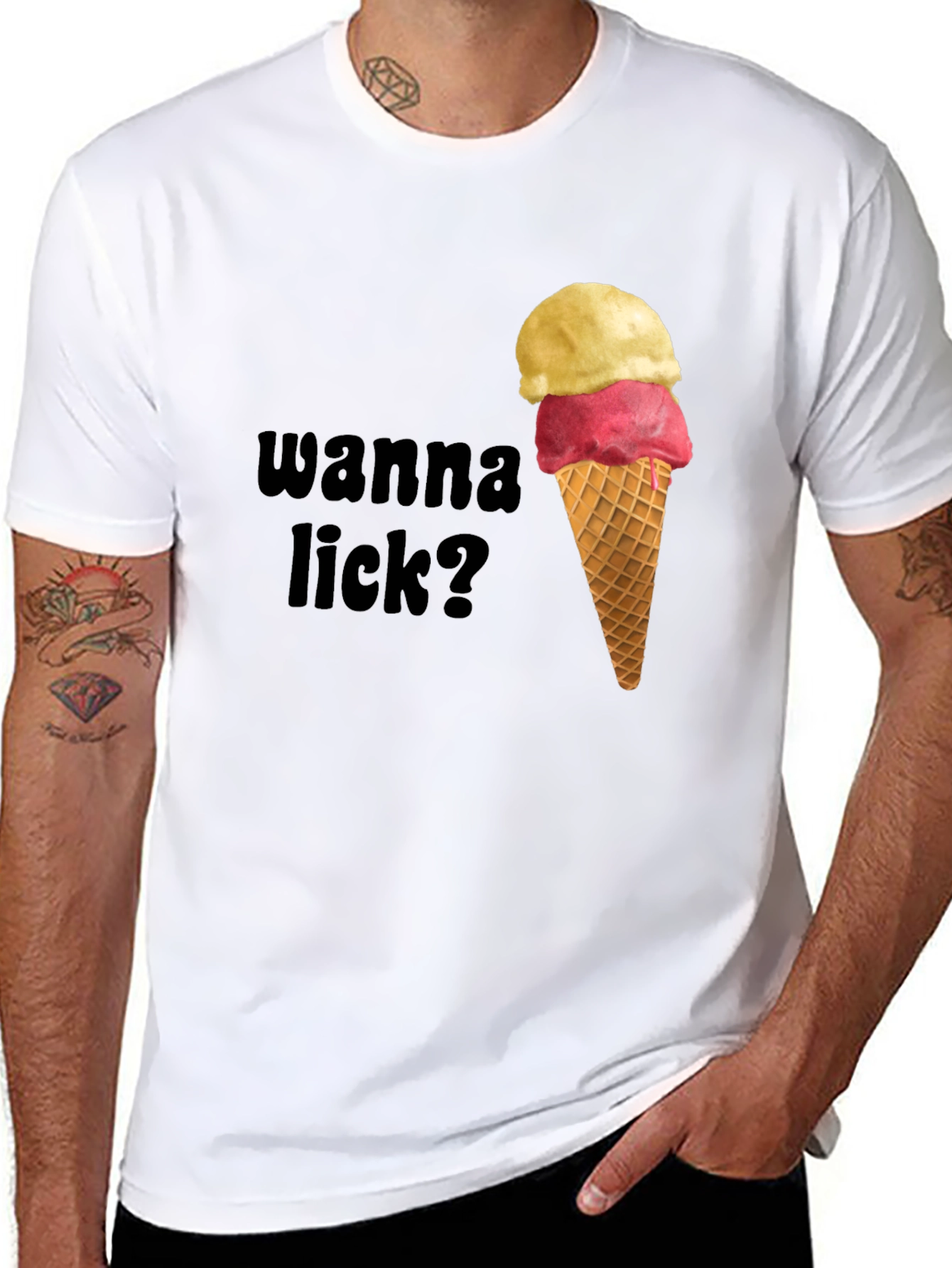 Black Ice Cream Graphic Tee - Wanna Lick? Novelty Shirt view 8
