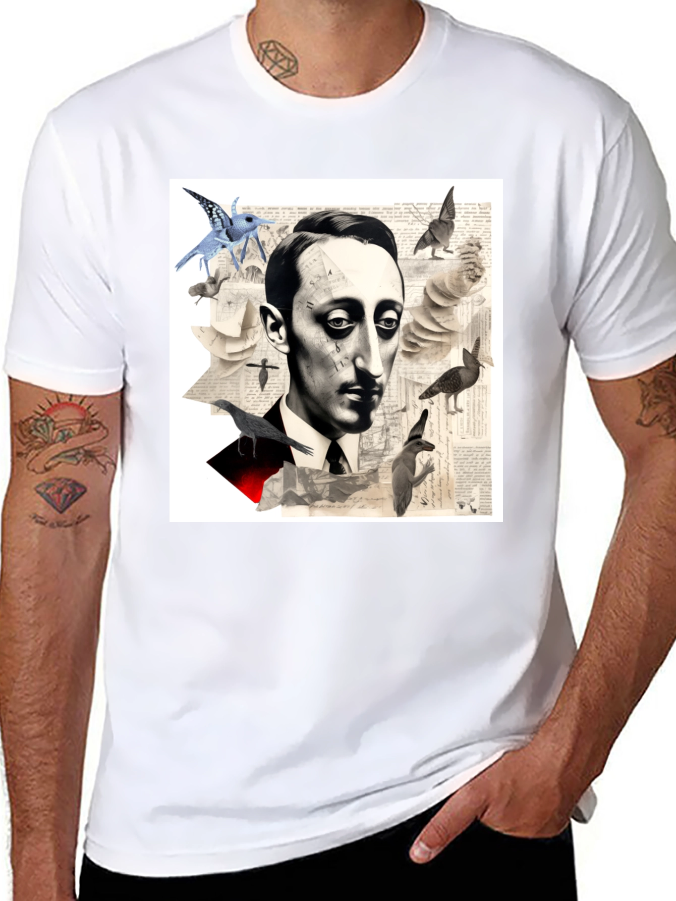 Black Surrealist Literary T-Shirt: Portrait with Birds view 8