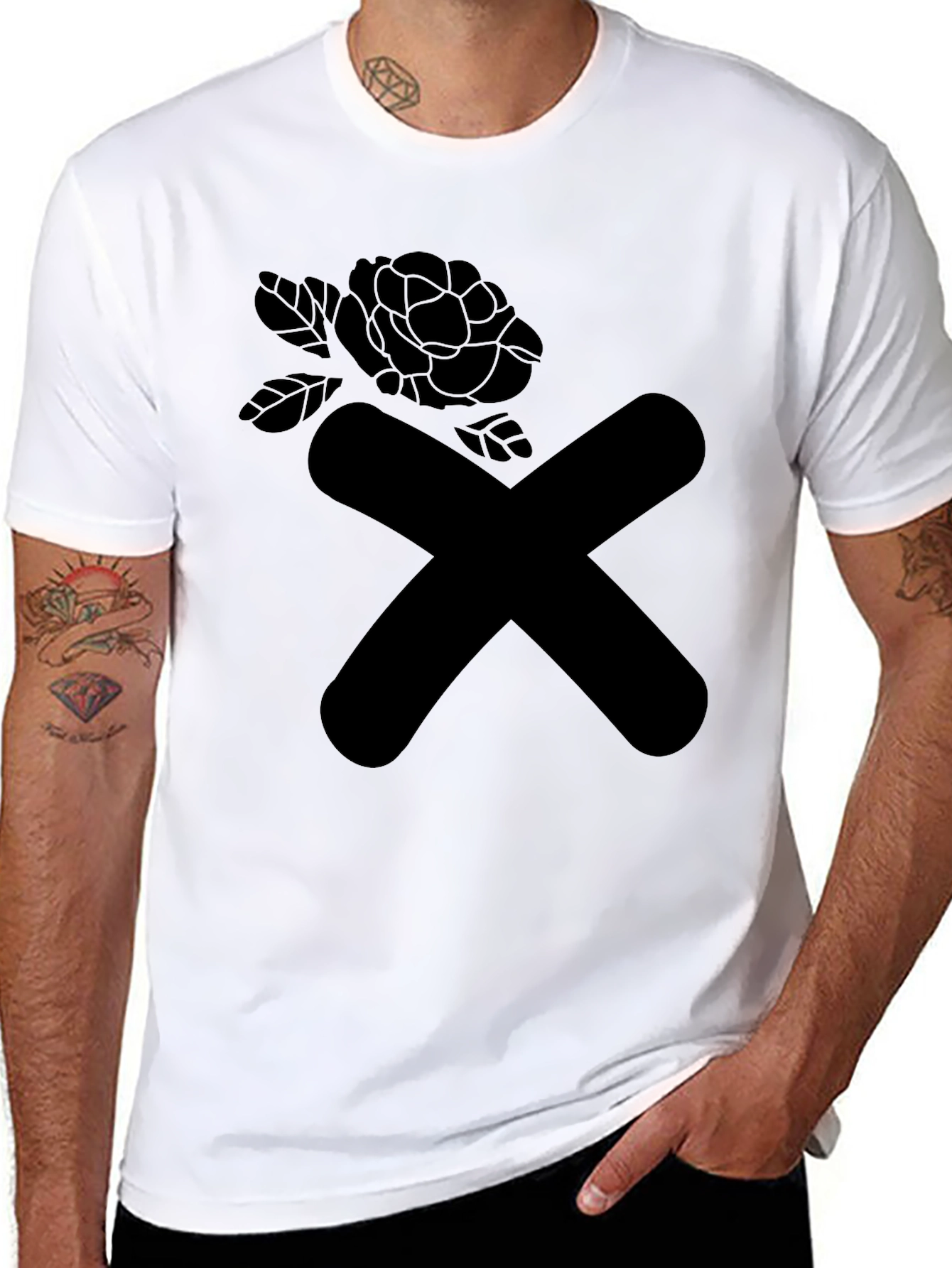 Black Modern Graphic Tee - Black X & Rose Design view 8