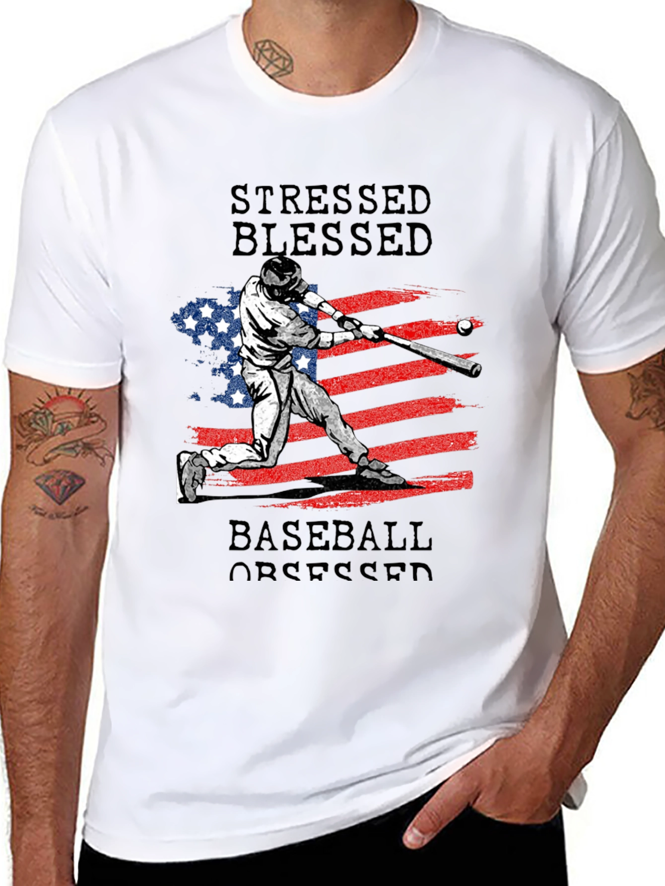 Black Stressed Blessed Baseball Obsessed T-Shirt view 8
