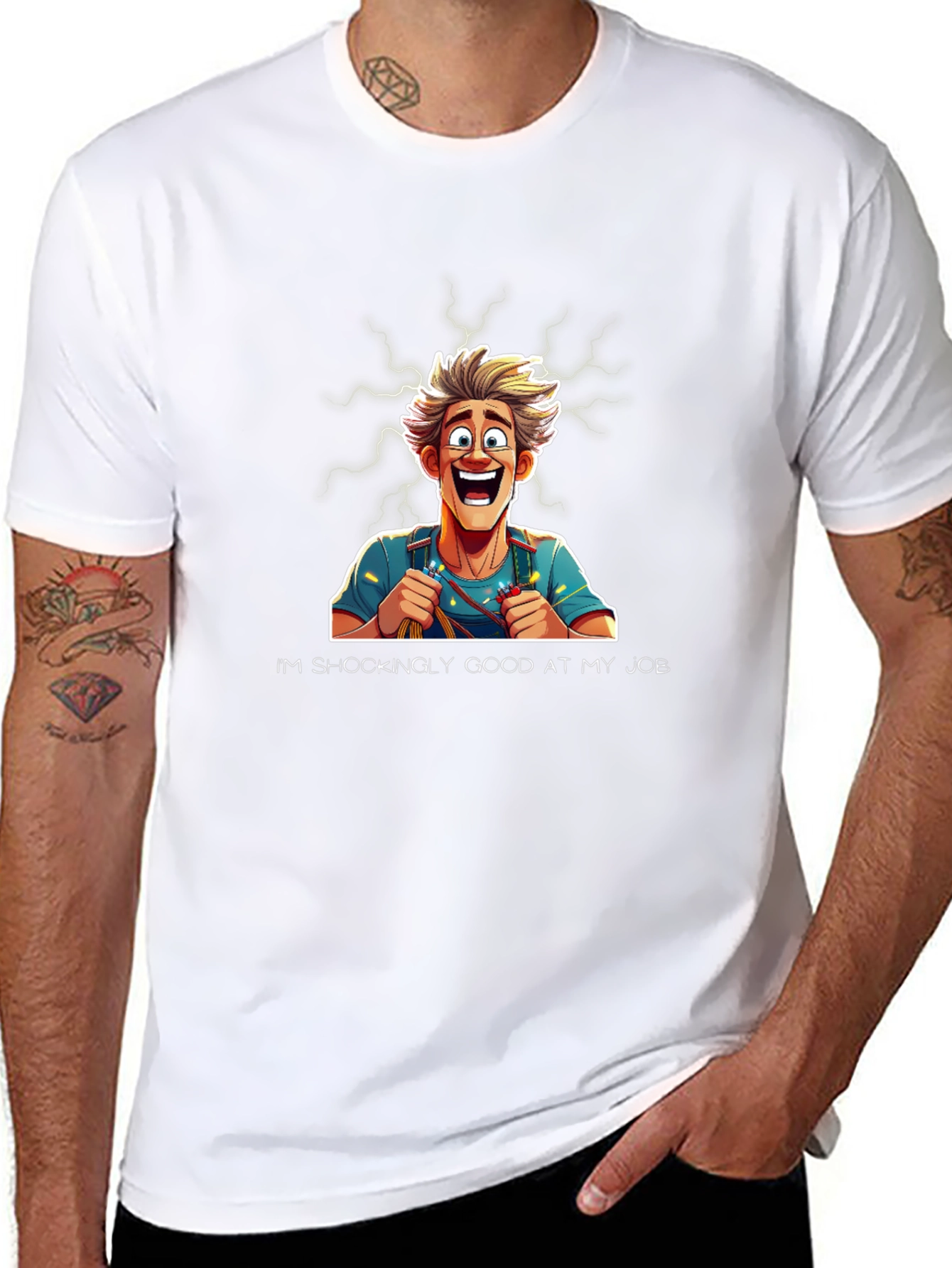 Black Funny Electrician Cartoon T-Shirt view 8