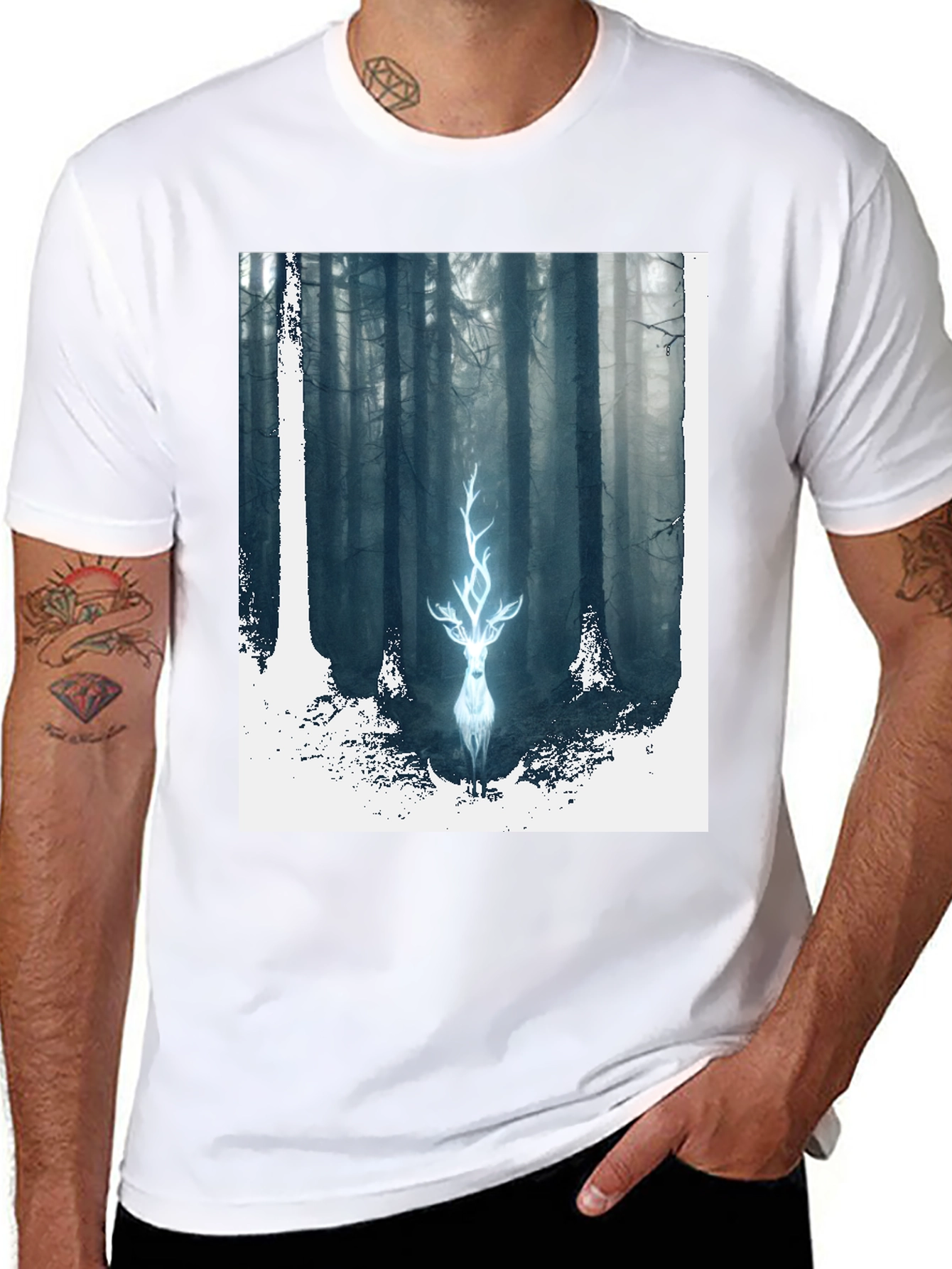 Black Mystic Forest Deer Graphic Tee - Black Cotton Blend view 8