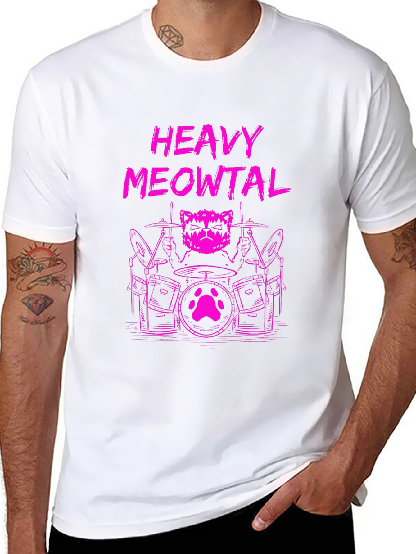 Black Heavy Meowtal Cat Drummer Graphic Tee view 8