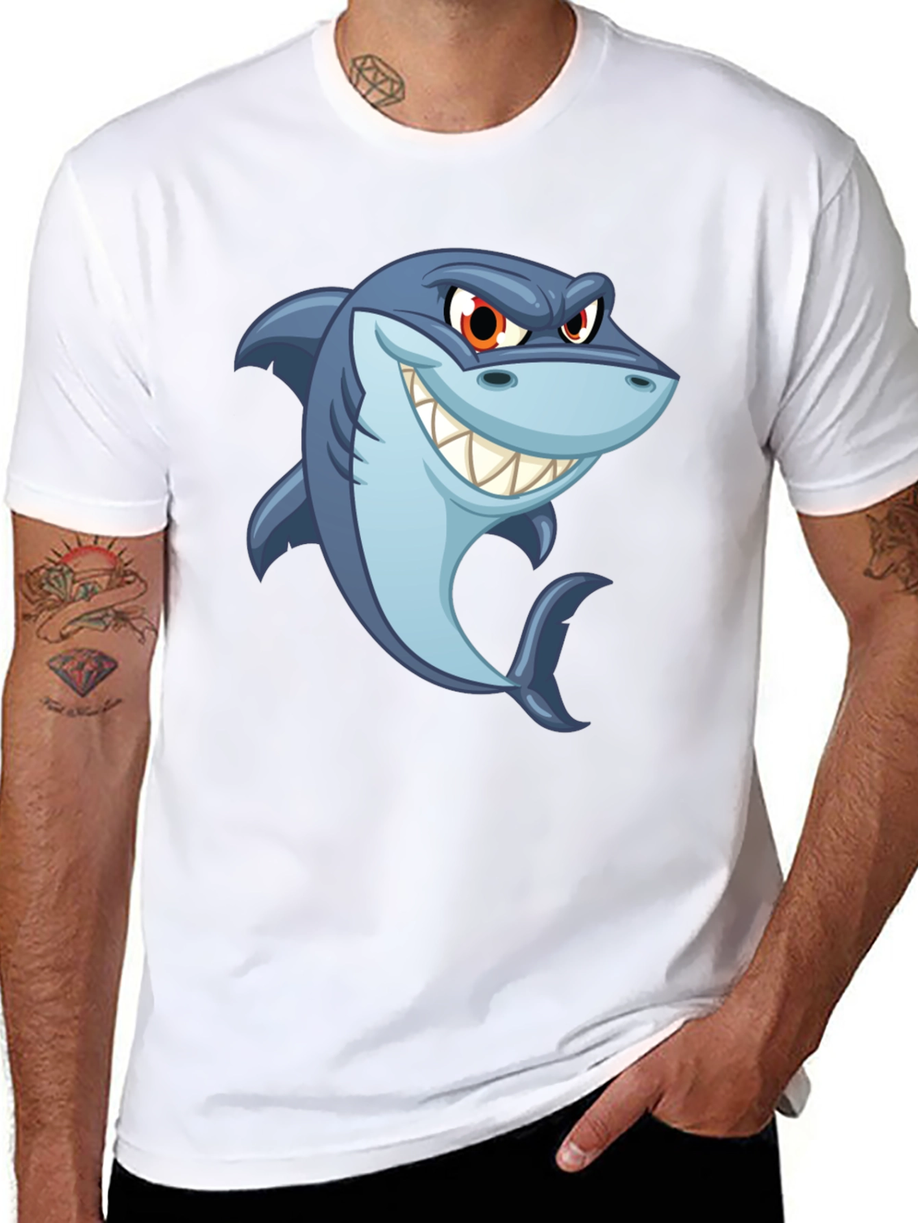 Black Men's Black Shark Cartoon Graphic T-Shirt view 8