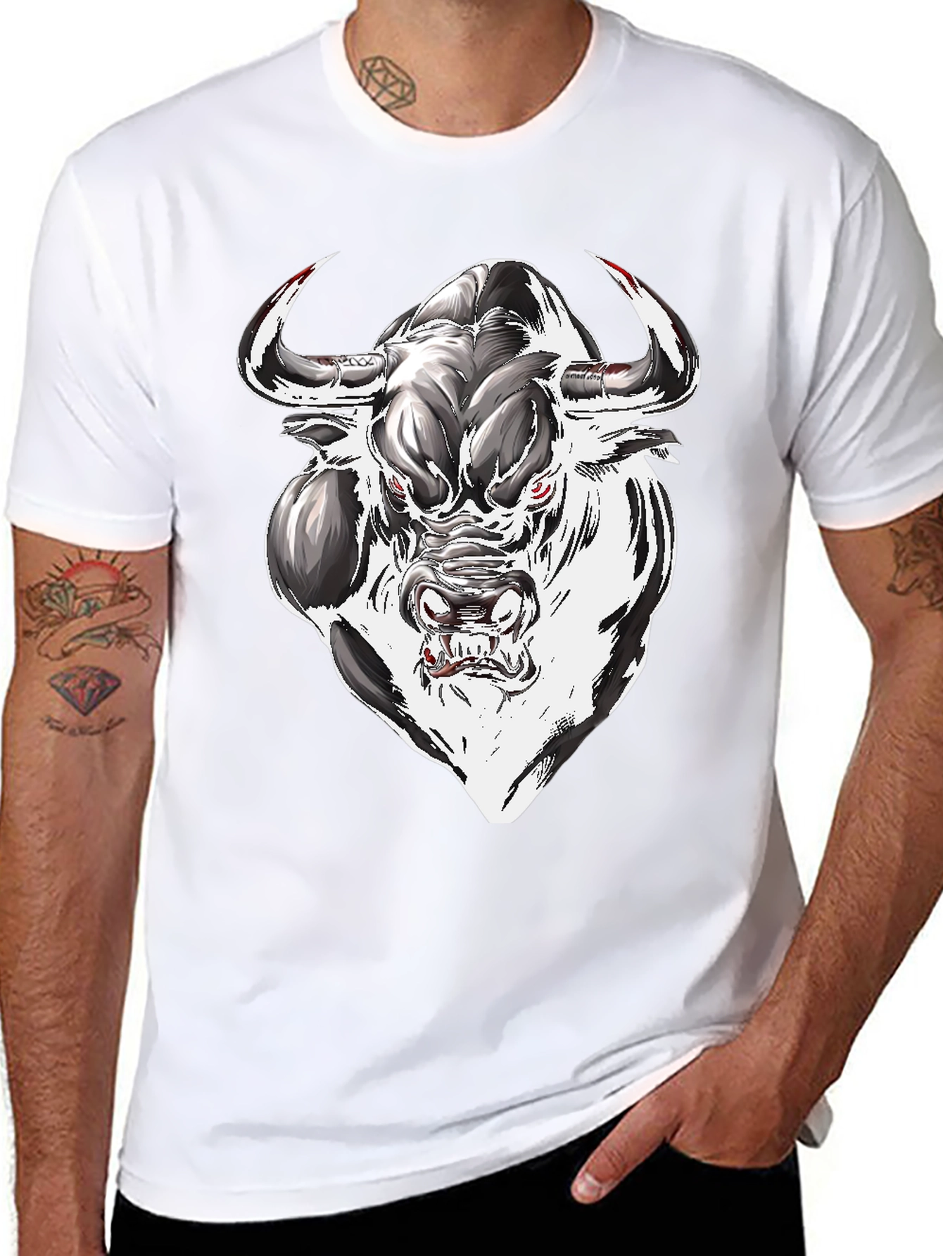 Black Men's Graphic Tee - Bull Design view 8