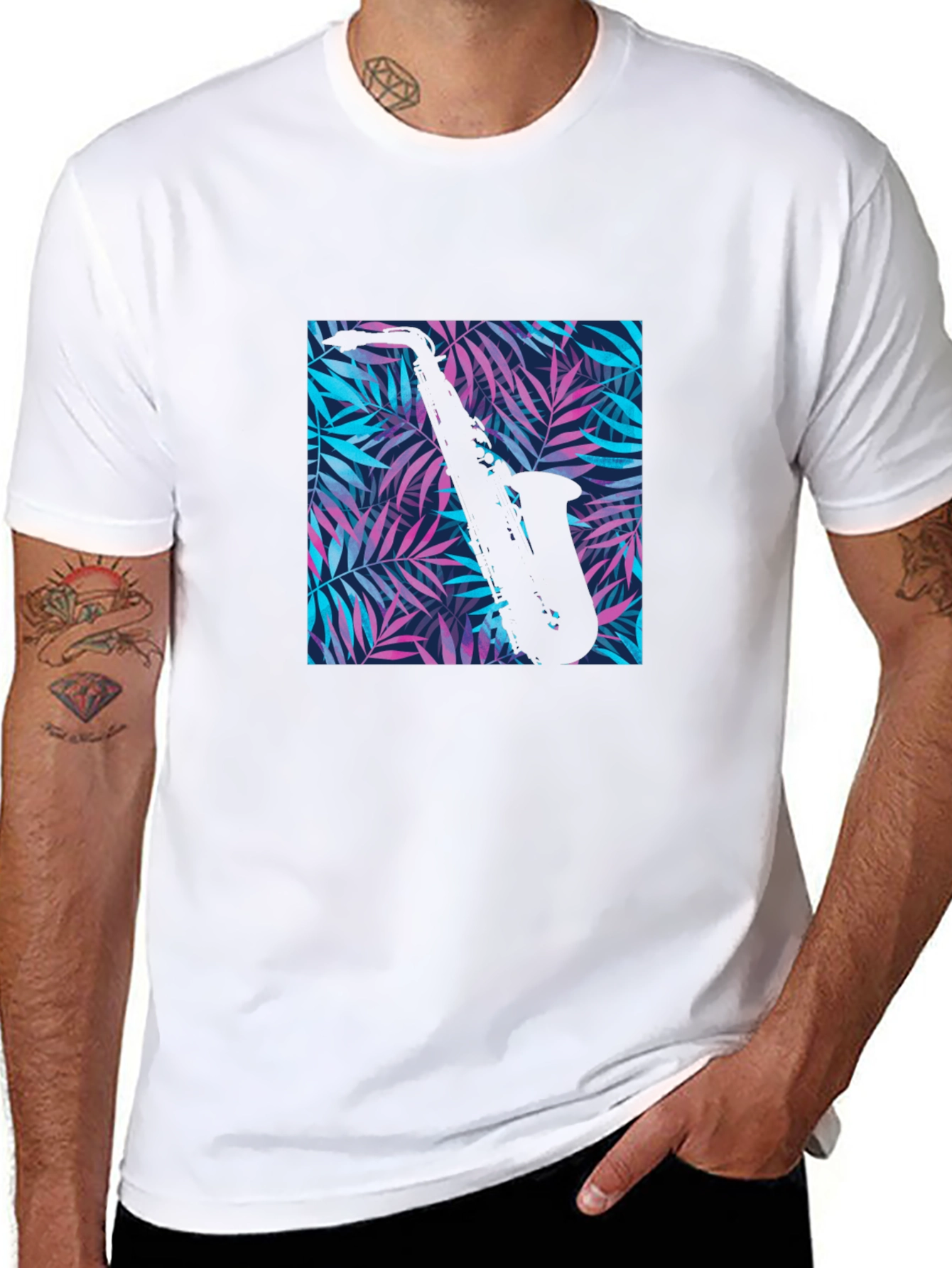 Black Tropical Saxophone Print Black T-Shirt view 8