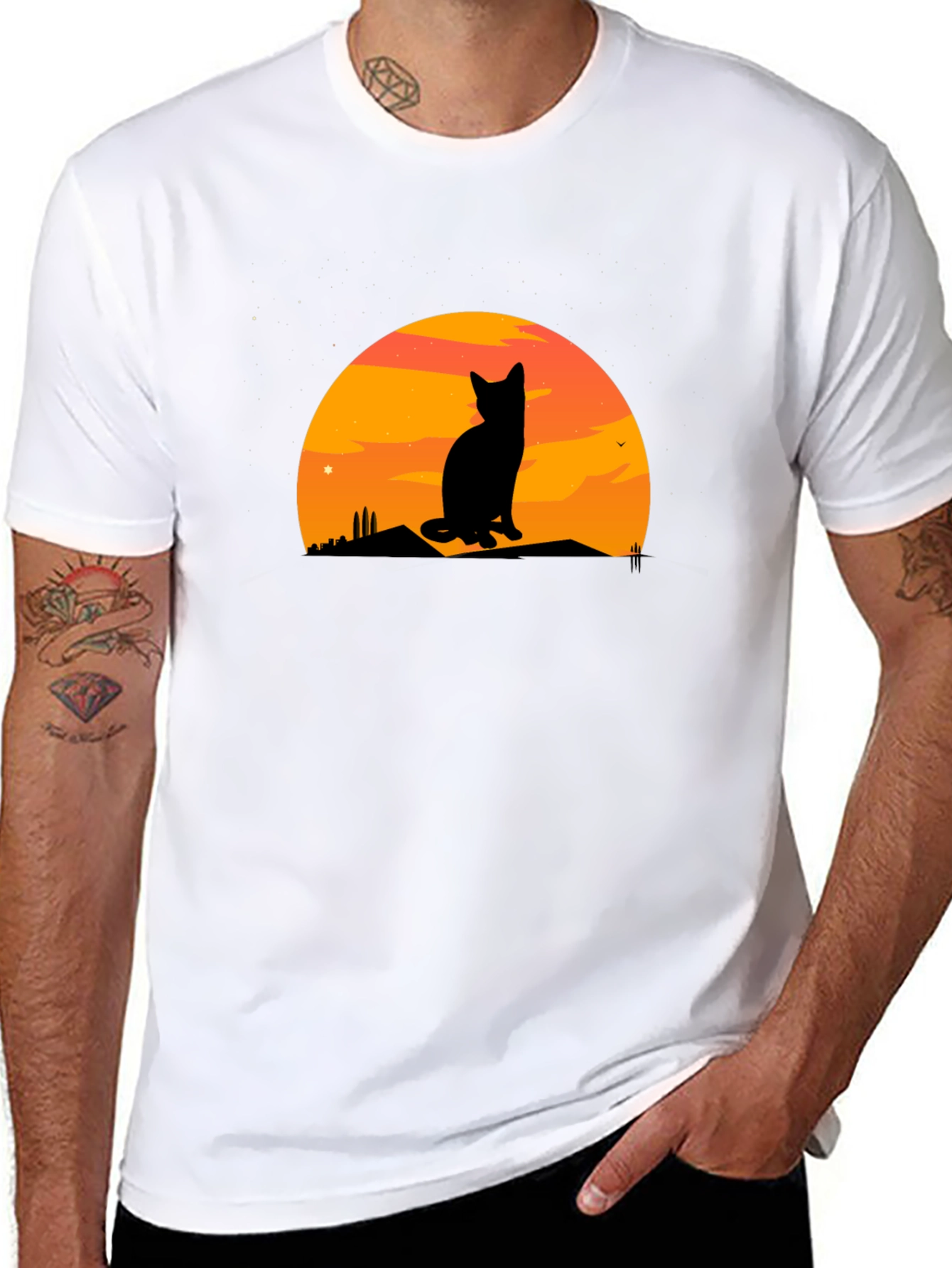 Black Sunset Cat Silhouette Graphic Tee view 8