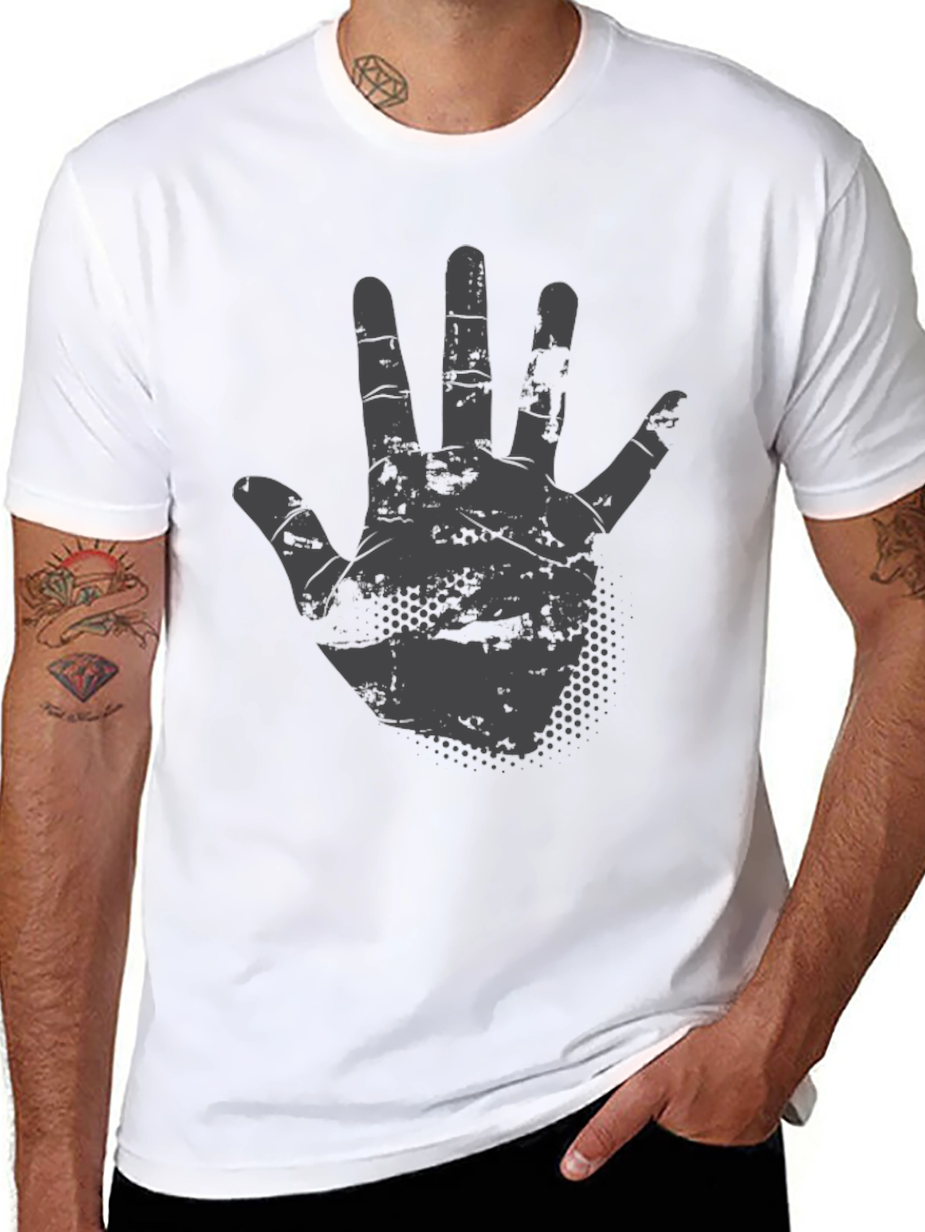 Grunge Hand Graphic T-Shirt - Black Crew Neck - 8
