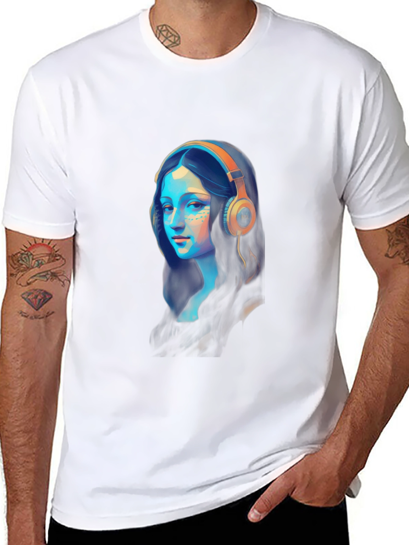 Black Mona Lisa Headphones Graphic Black T-Shirt view 8