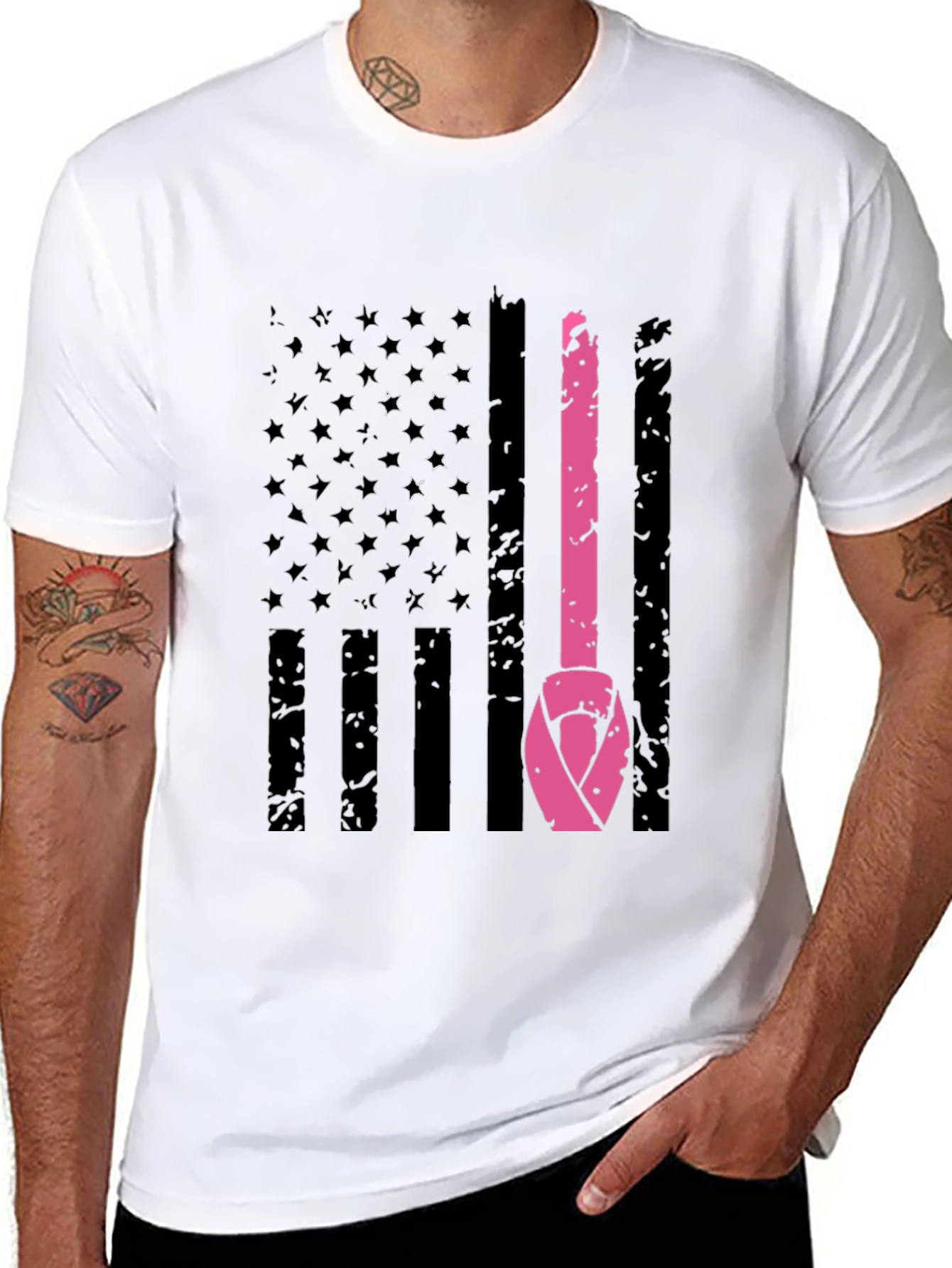 Black Breast Cancer Awareness US Flag T-Shirt view 8
