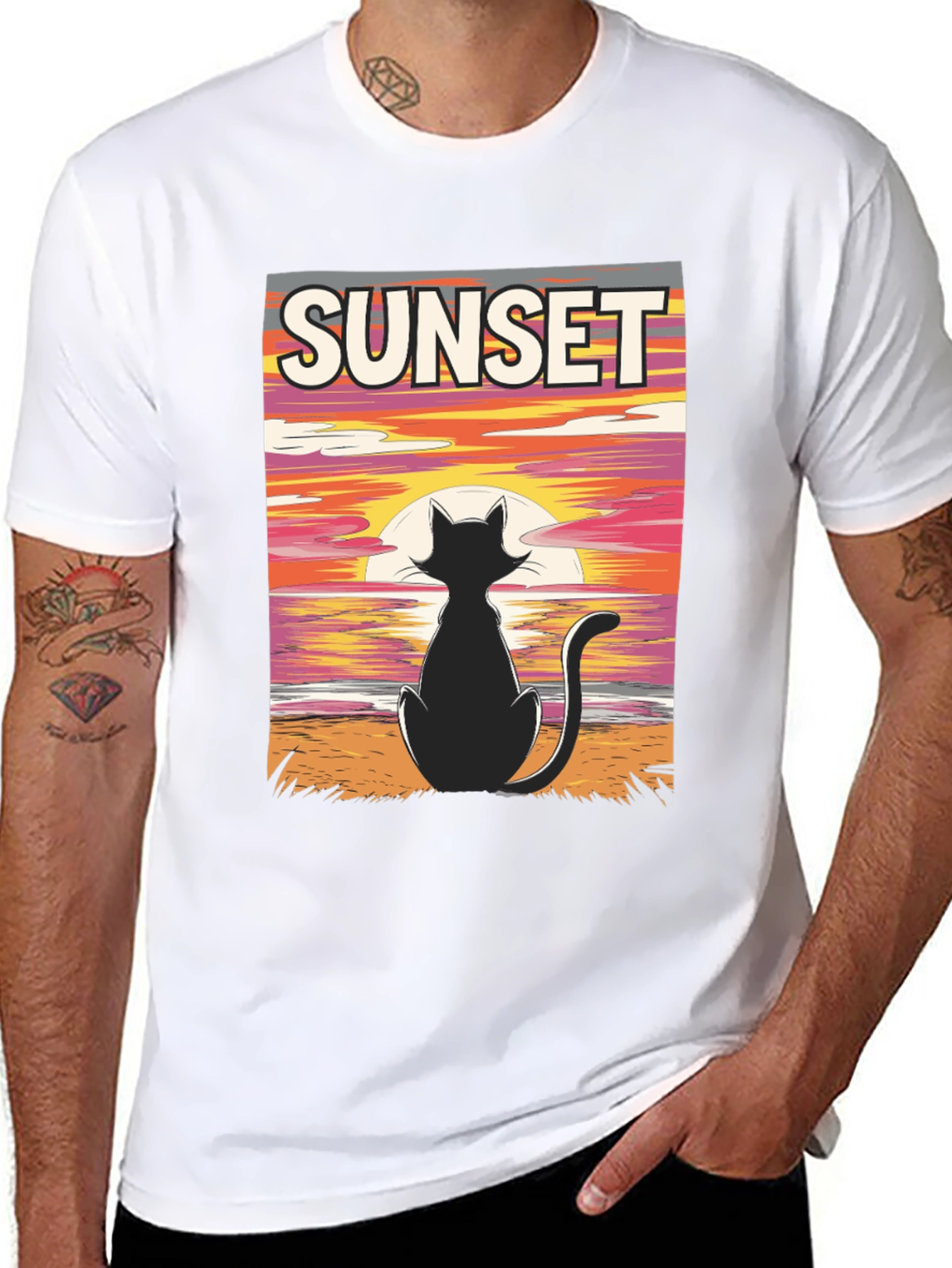 Black Sunset Cat Graphic Tee - Stylish Black T-Shirt view 8