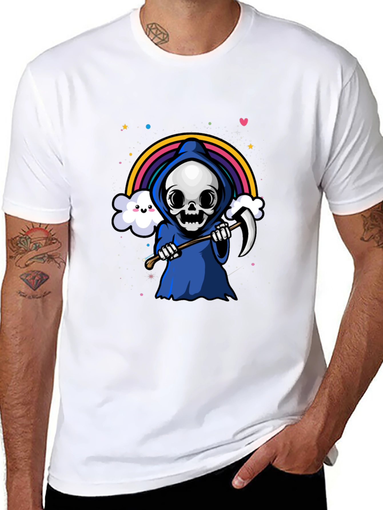 Black Kawaii Grim Reaper Rainbow T-Shirt view 8