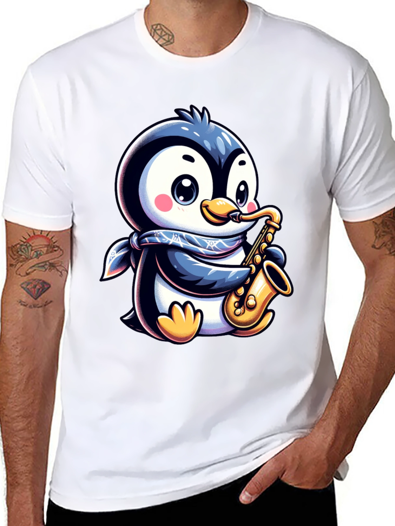 Black Penguin Sax Player T-Shirt - Unique Graphic Tee view 8