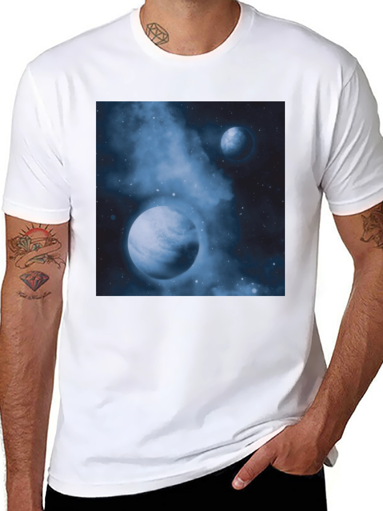 Black Nebula Planets Graphic Tee - Cosmic Black Cotton T-Shirt view 8