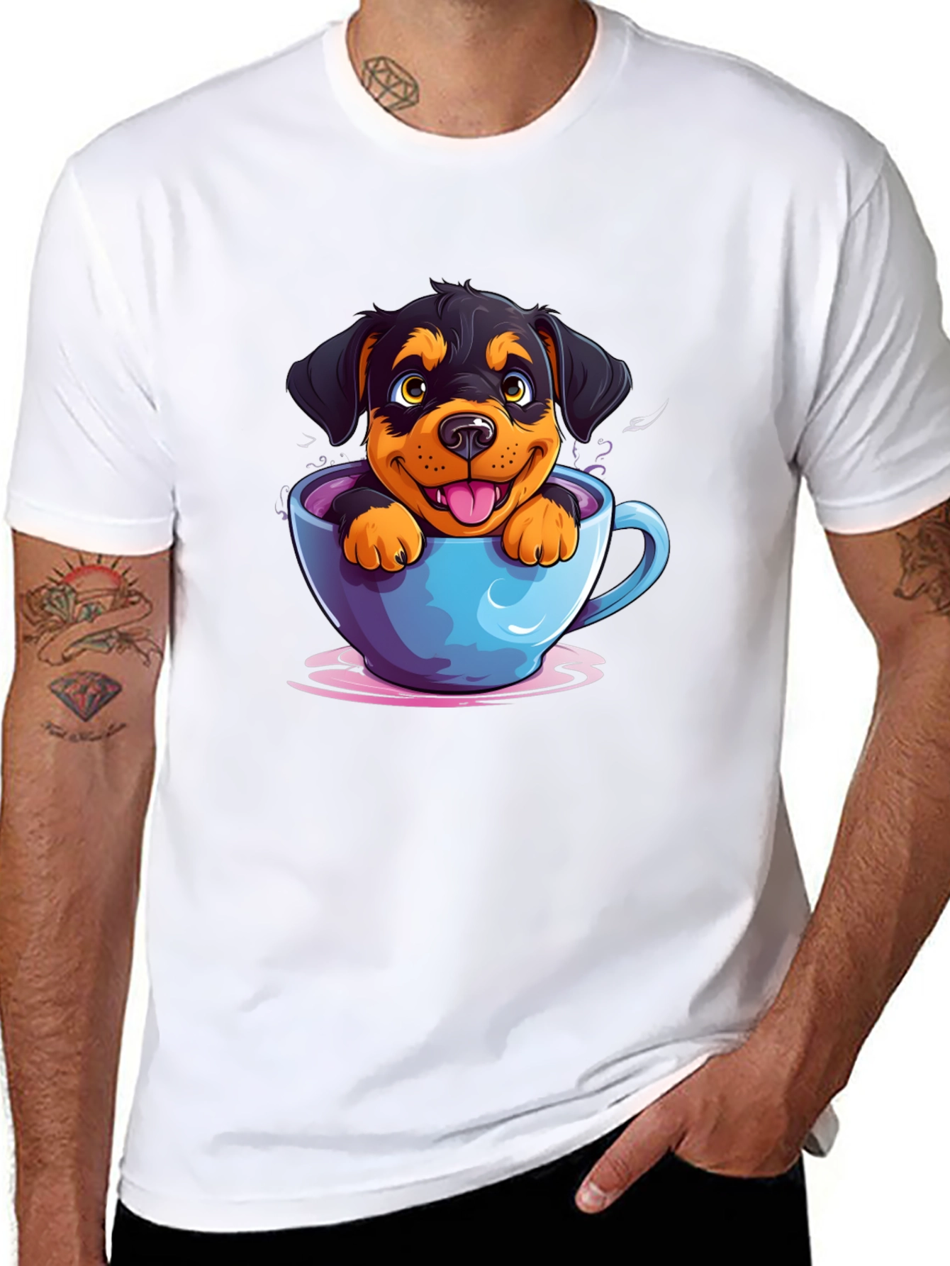 Black Cute Dog in Cup T-Shirt - Cartoon Rottweiler view 8