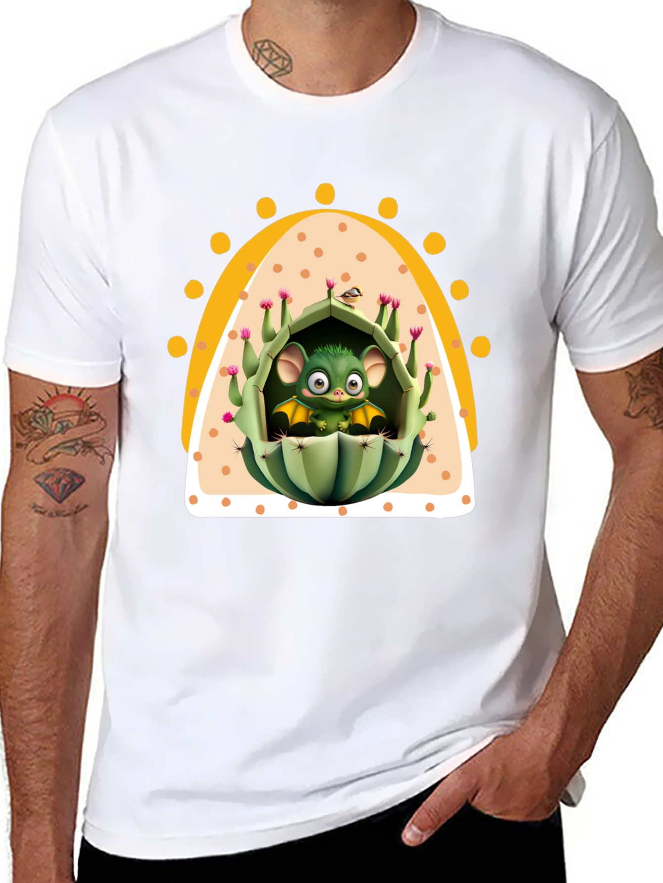 Black Cute Cactus Bat T-Shirt - Unique Graphic Tee view 8