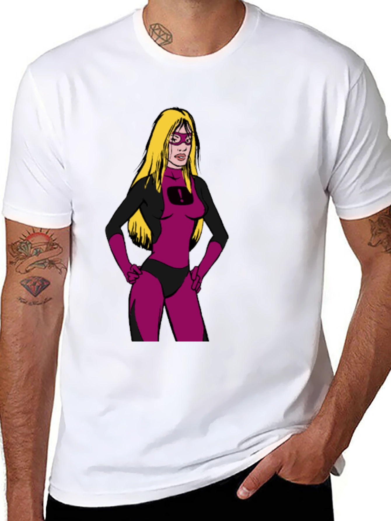 Black Cartoon Superheroine on Black T-Shirt view 8