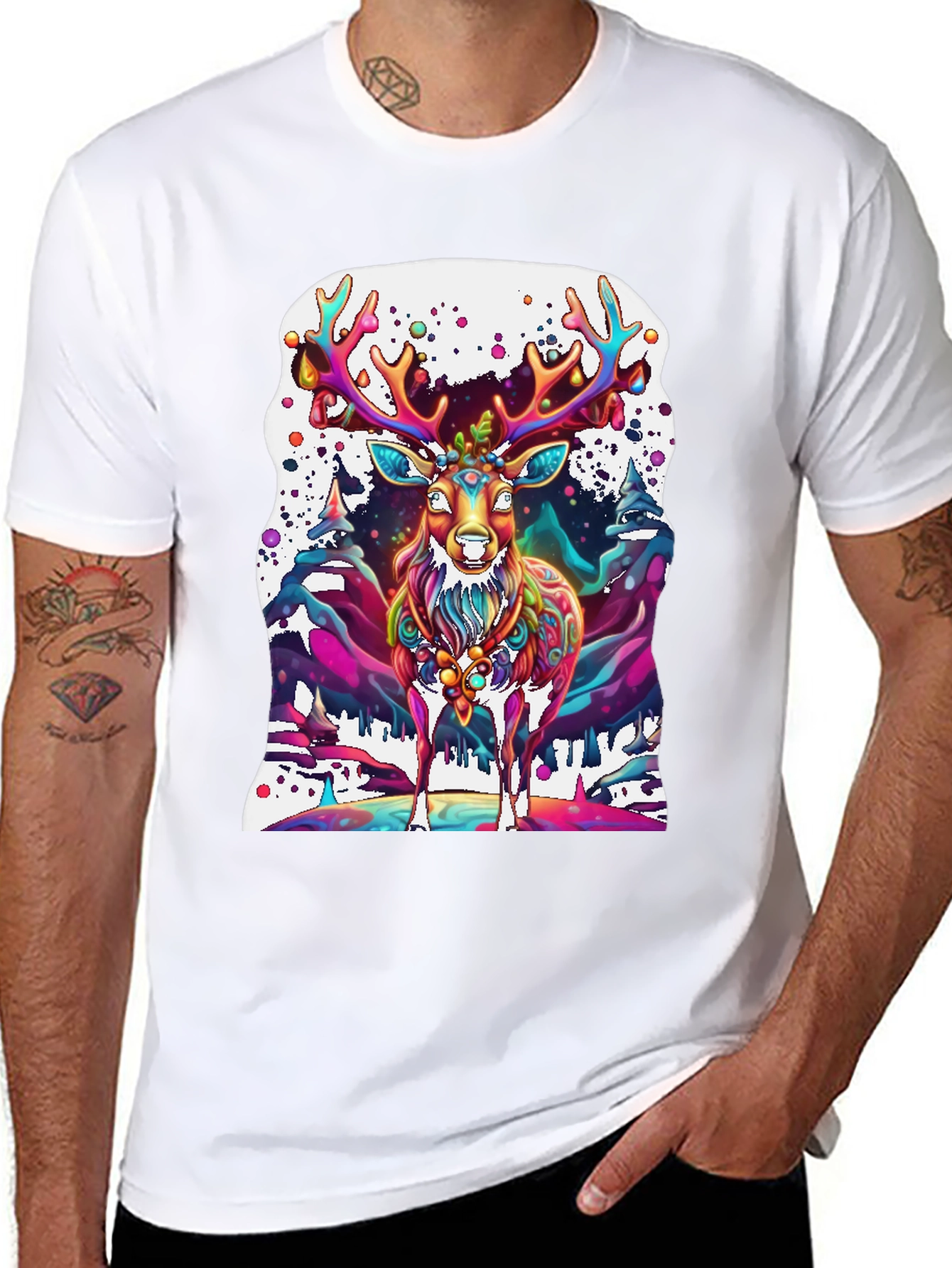 Black Psychedelic Deer Graphic Tee - Vivid Colorful Print view 8