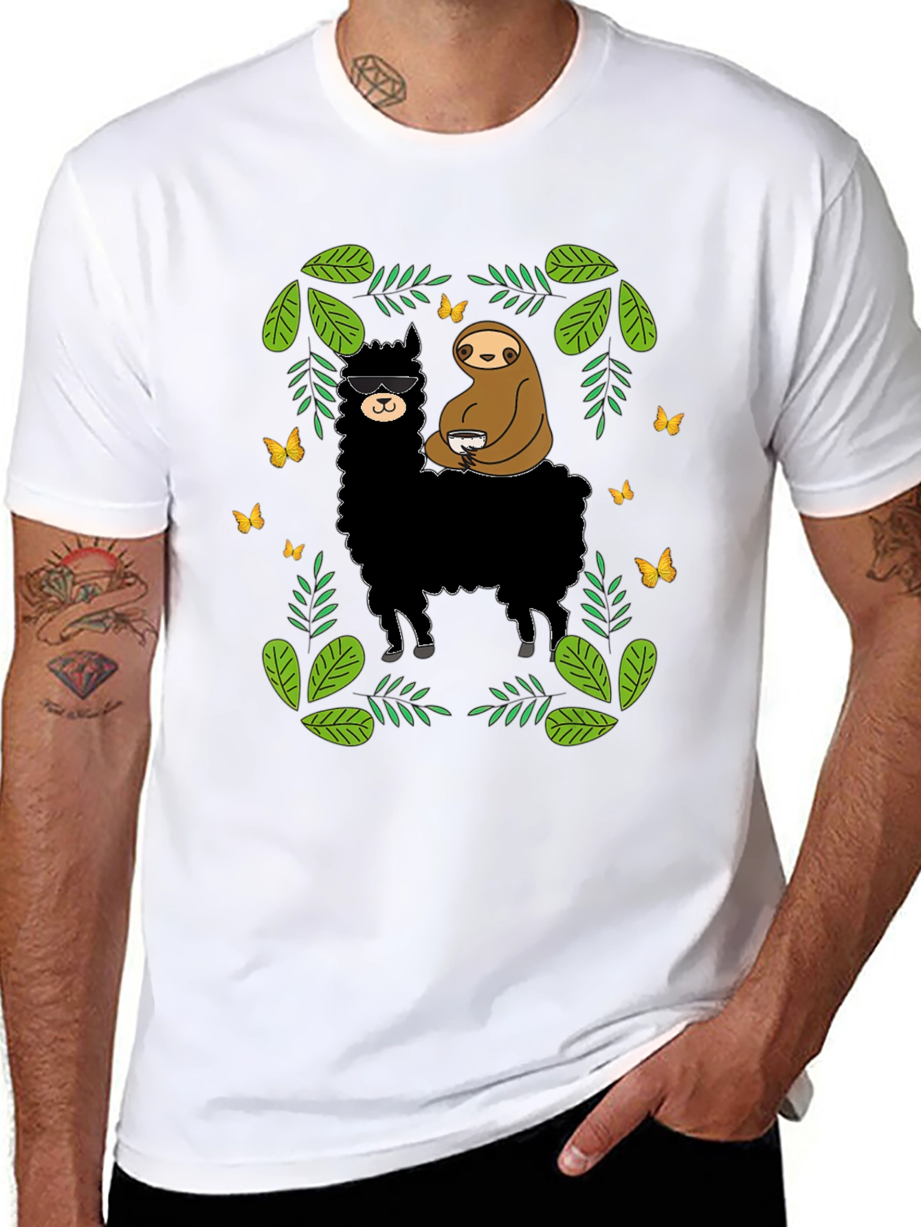 Black Llama & Sloth Graphic Tee - Black Cotton view 8