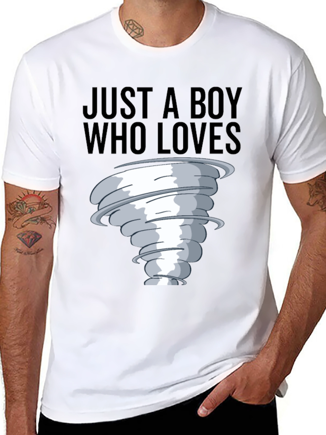 Black Boy Who Loves Tornado T-Shirt, Black Cotton Tee view 8