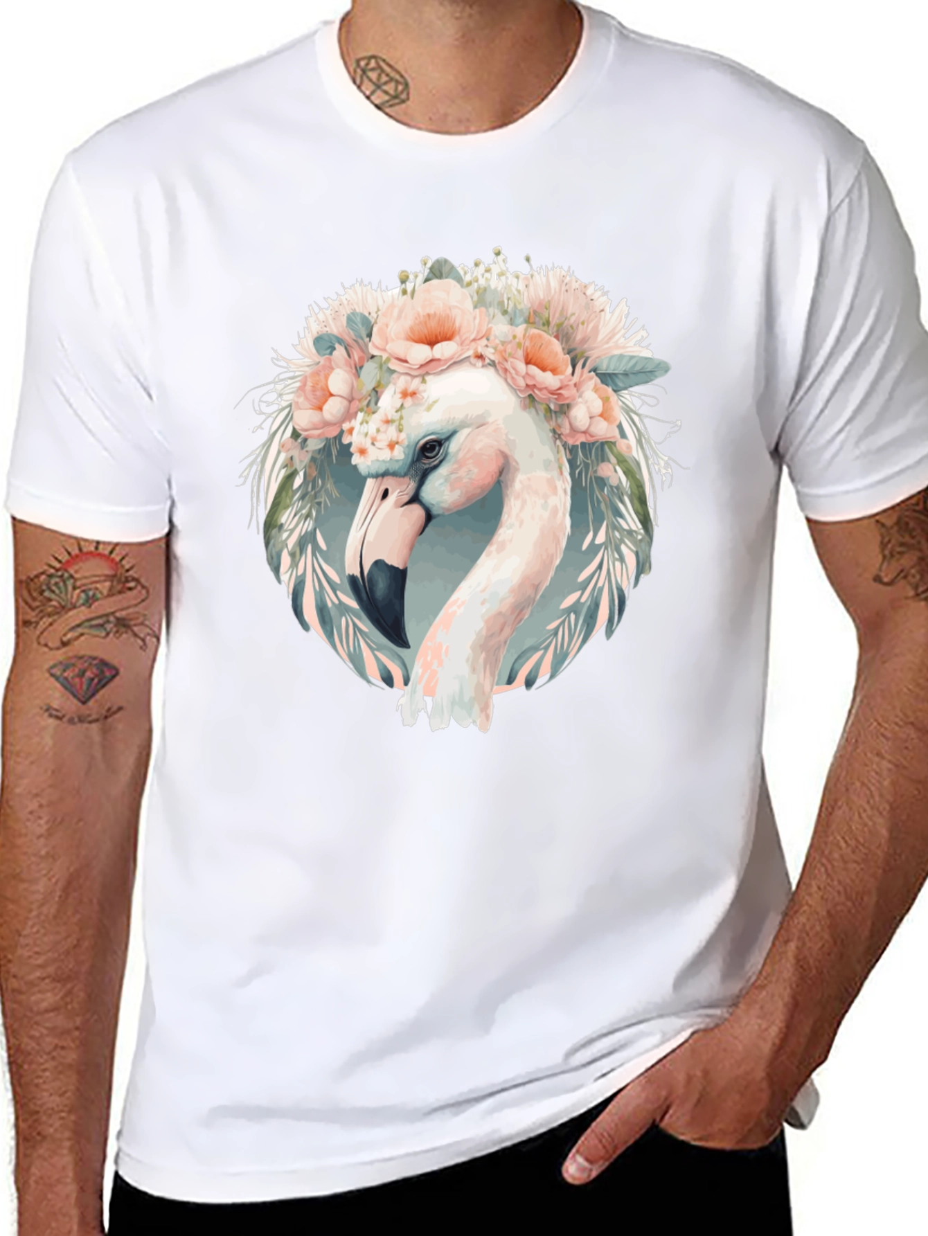 Black Floral Flamingo Graphic Tee - Black Cotton T-Shirt view 8