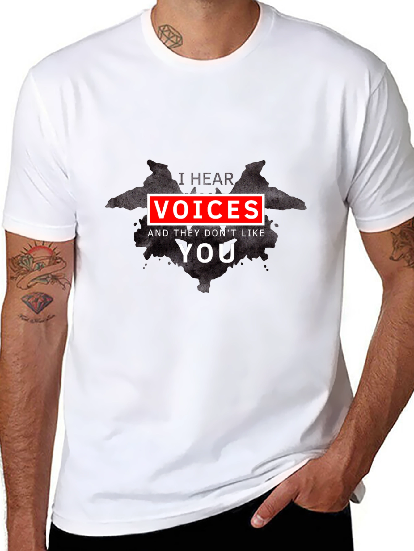 Black I Hear Voices Funny Black T-Shirt view 8