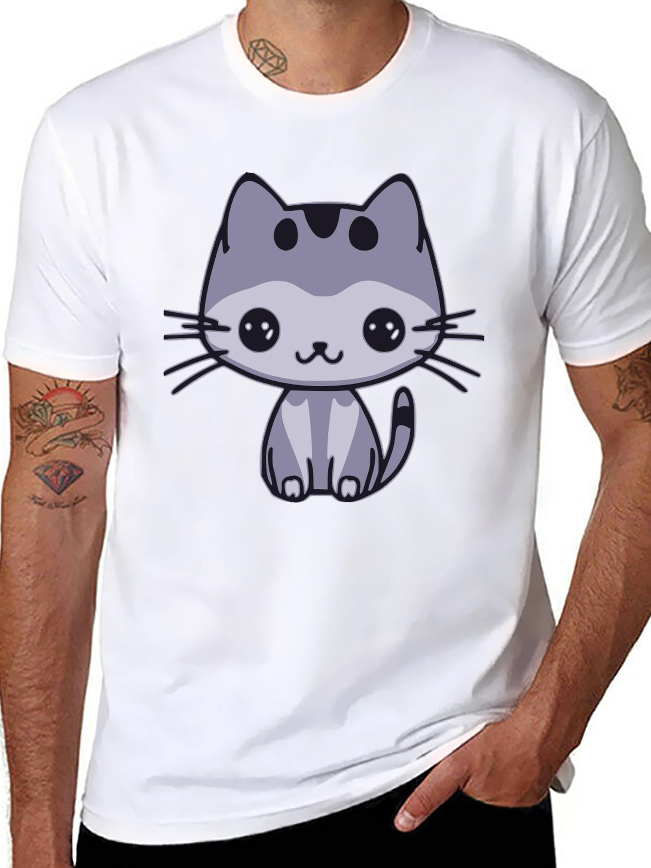 Black Cute Cat Graphic Black T-Shirt view 8