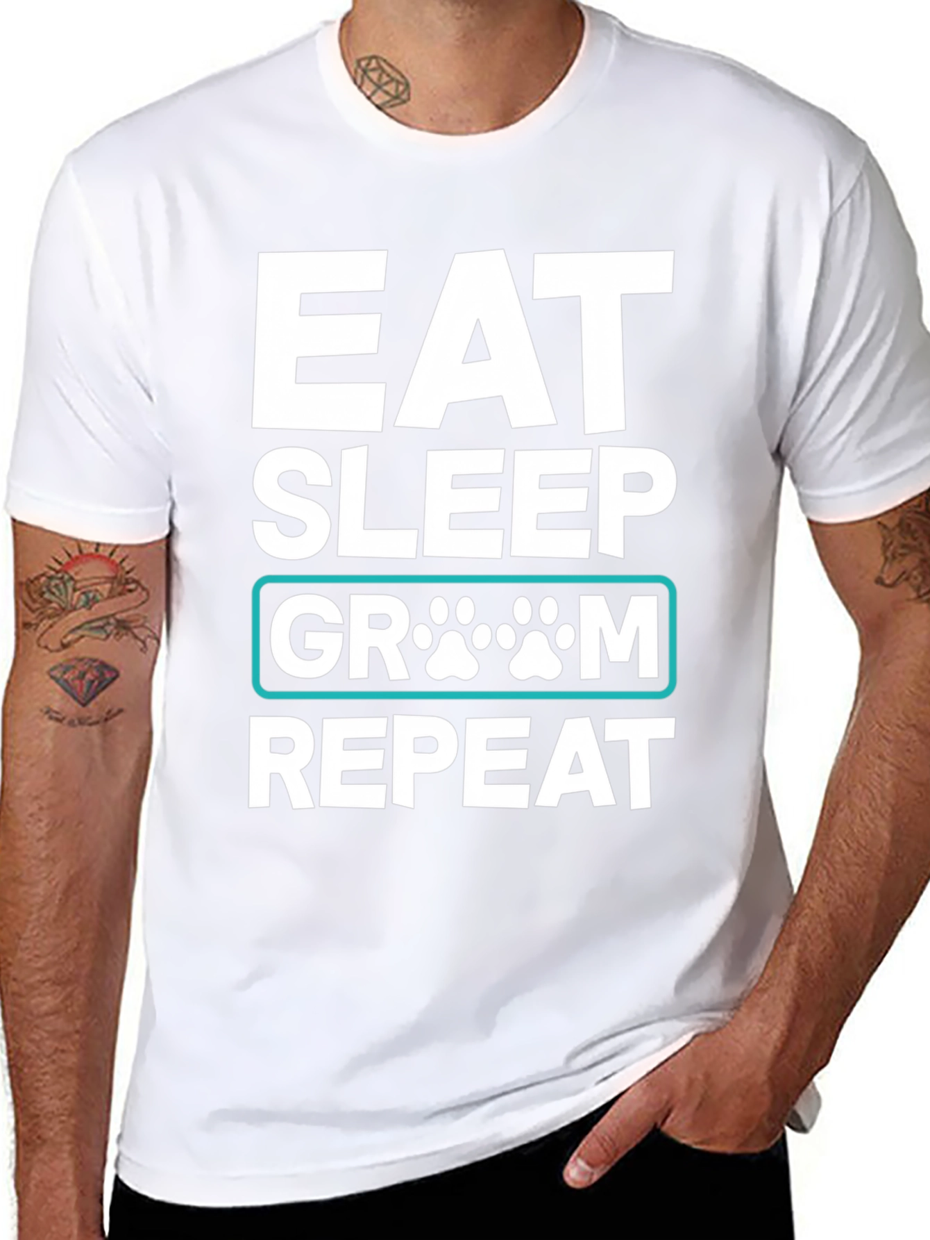 Black Eat Sleep Groom Repeat Dog Paw T-Shirt view 8