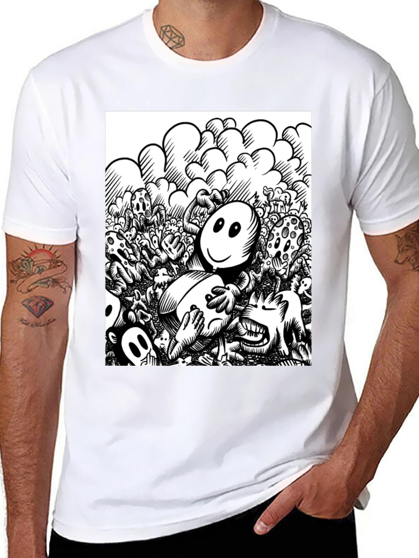 Black Unique Cartoon Print Black Tee view 8
