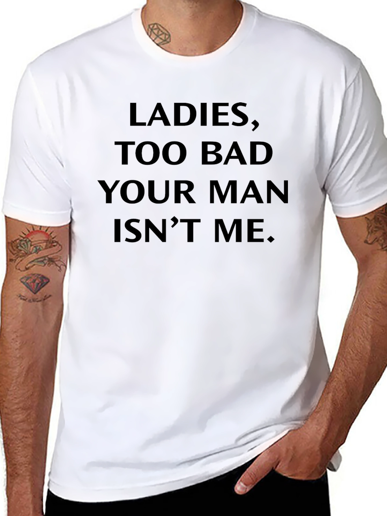 Black Men's "Ladies, Too Bad Your Man Isn't Me" Black T-Shirt view 8