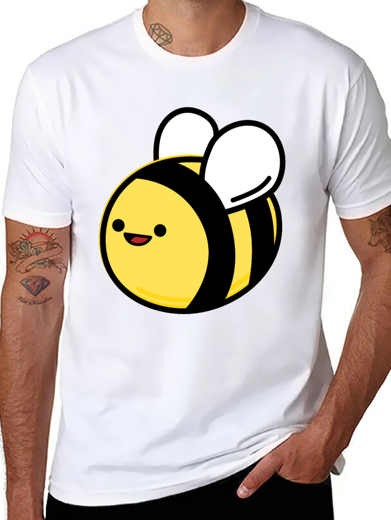 Black Cute Cartoon Bee Black T-Shirt - Unisex Crew Neck view 8