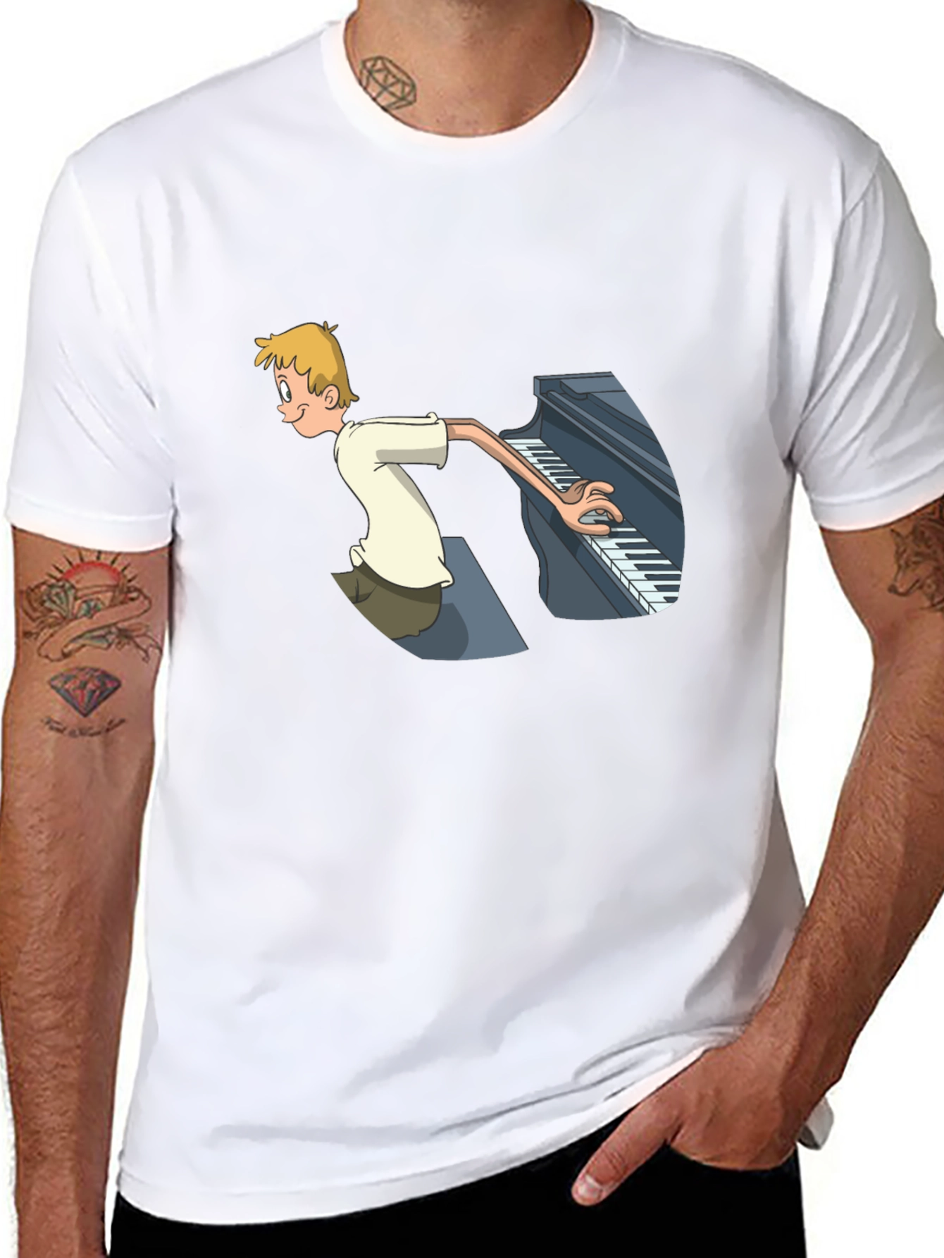 Black Piano Player Cartoon Graphic T-Shirt - Unique Design view 8
