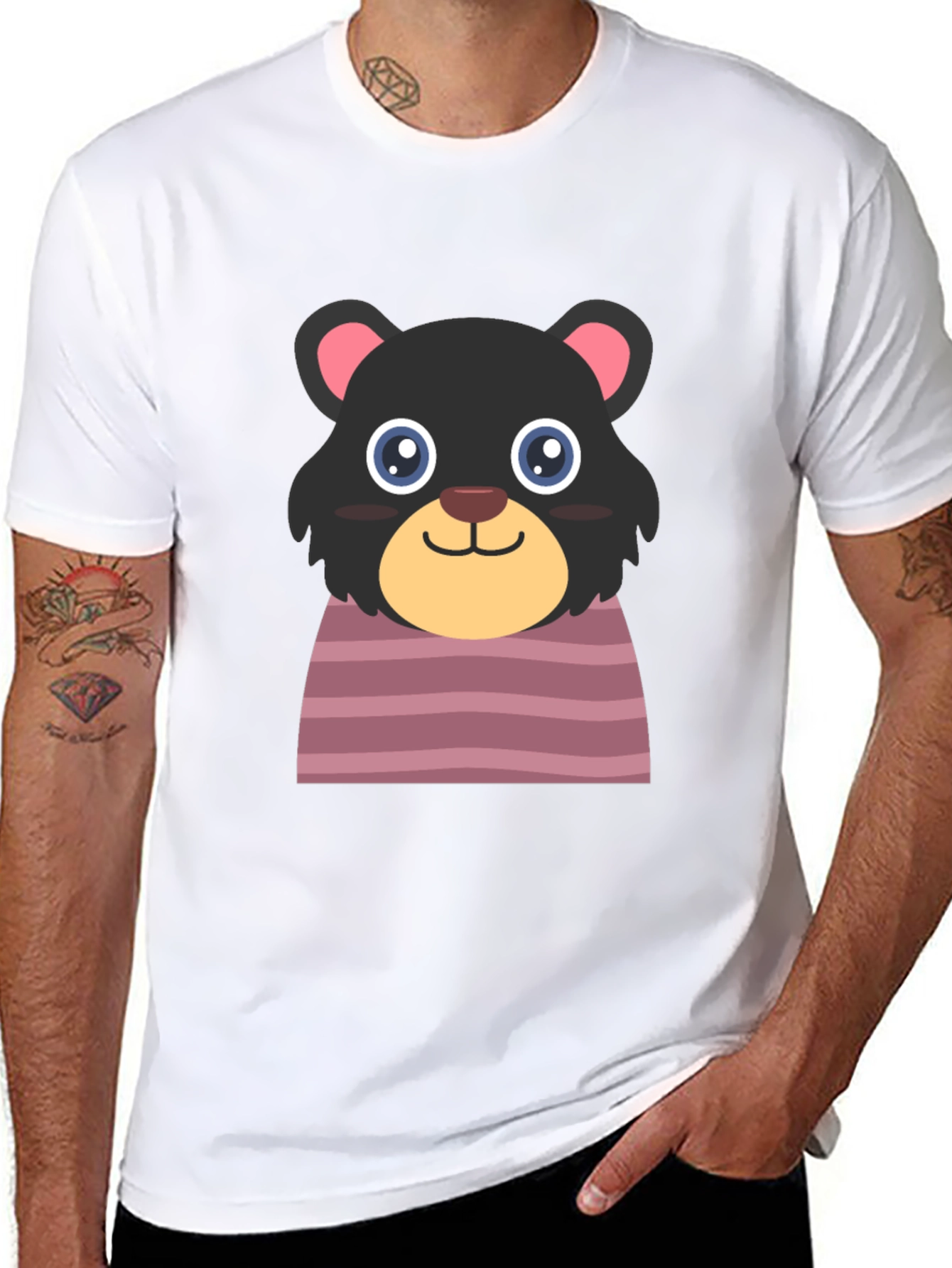 Black Cute Cartoon Bear Black T-Shirt view 8