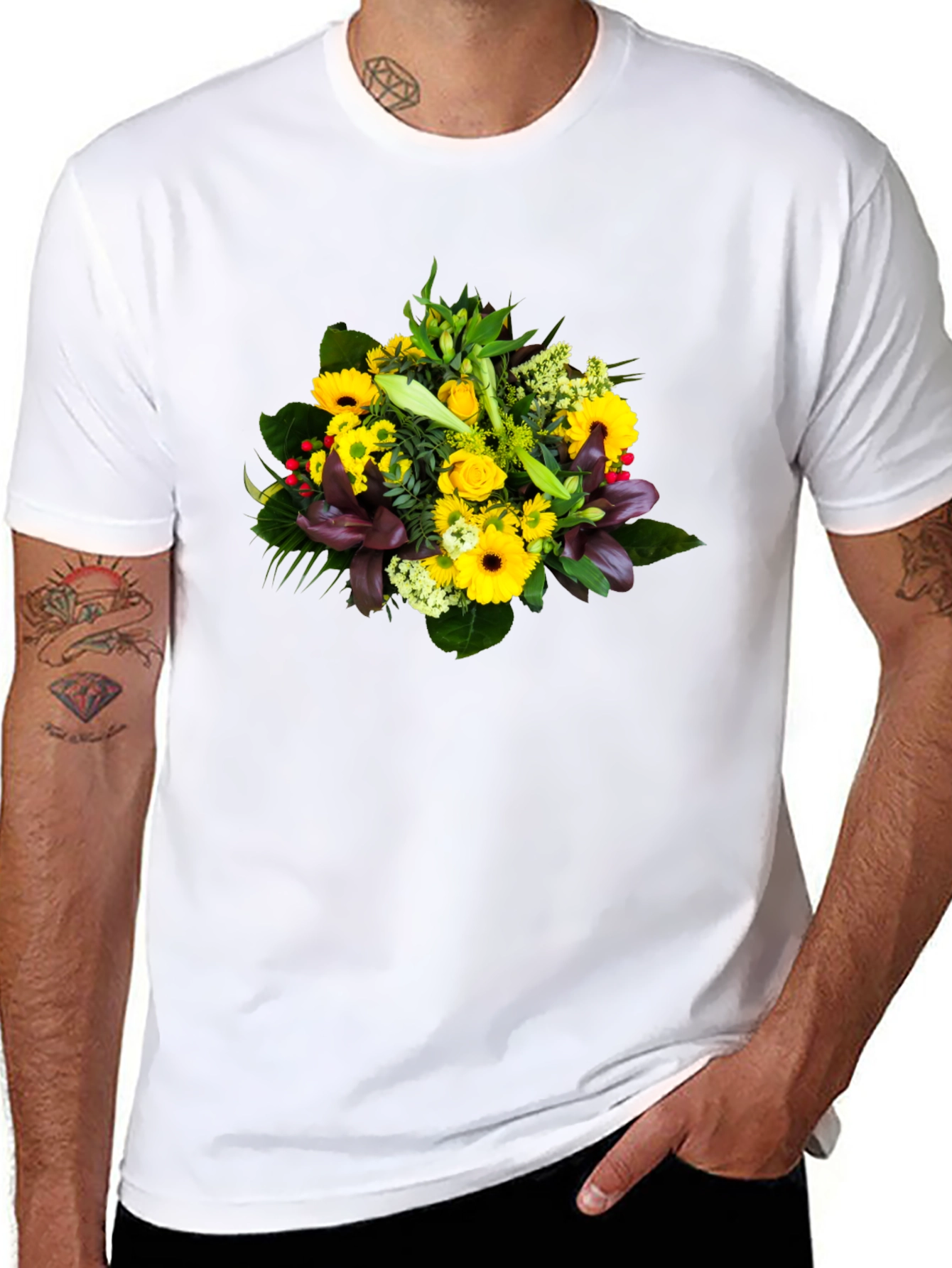 Black Floral Bouquet Graphic Tee - Unisex Black T-Shirt view 8
