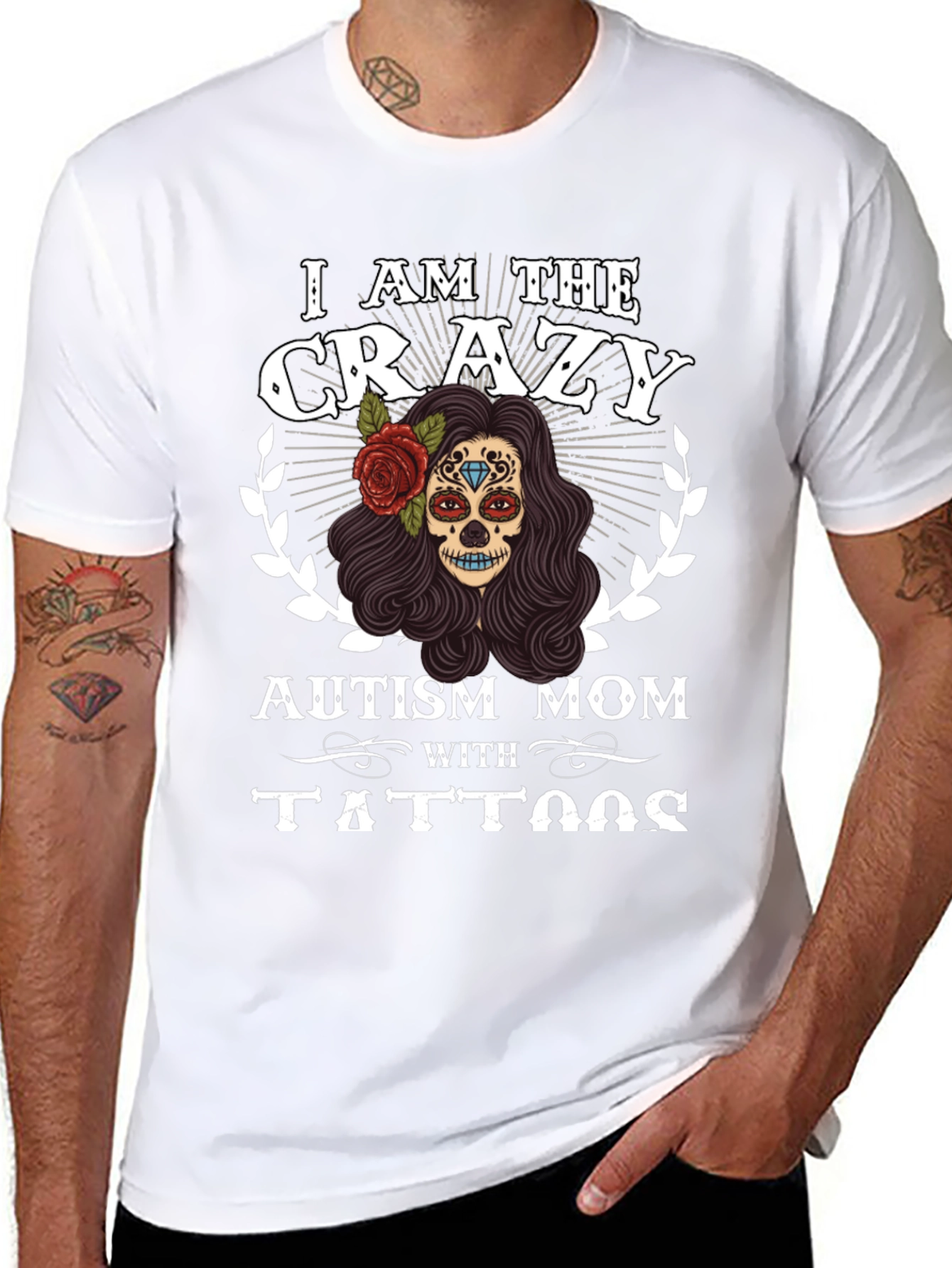 Black Crazy Autism Mom T-Shirt Sugar Skull Design view 8