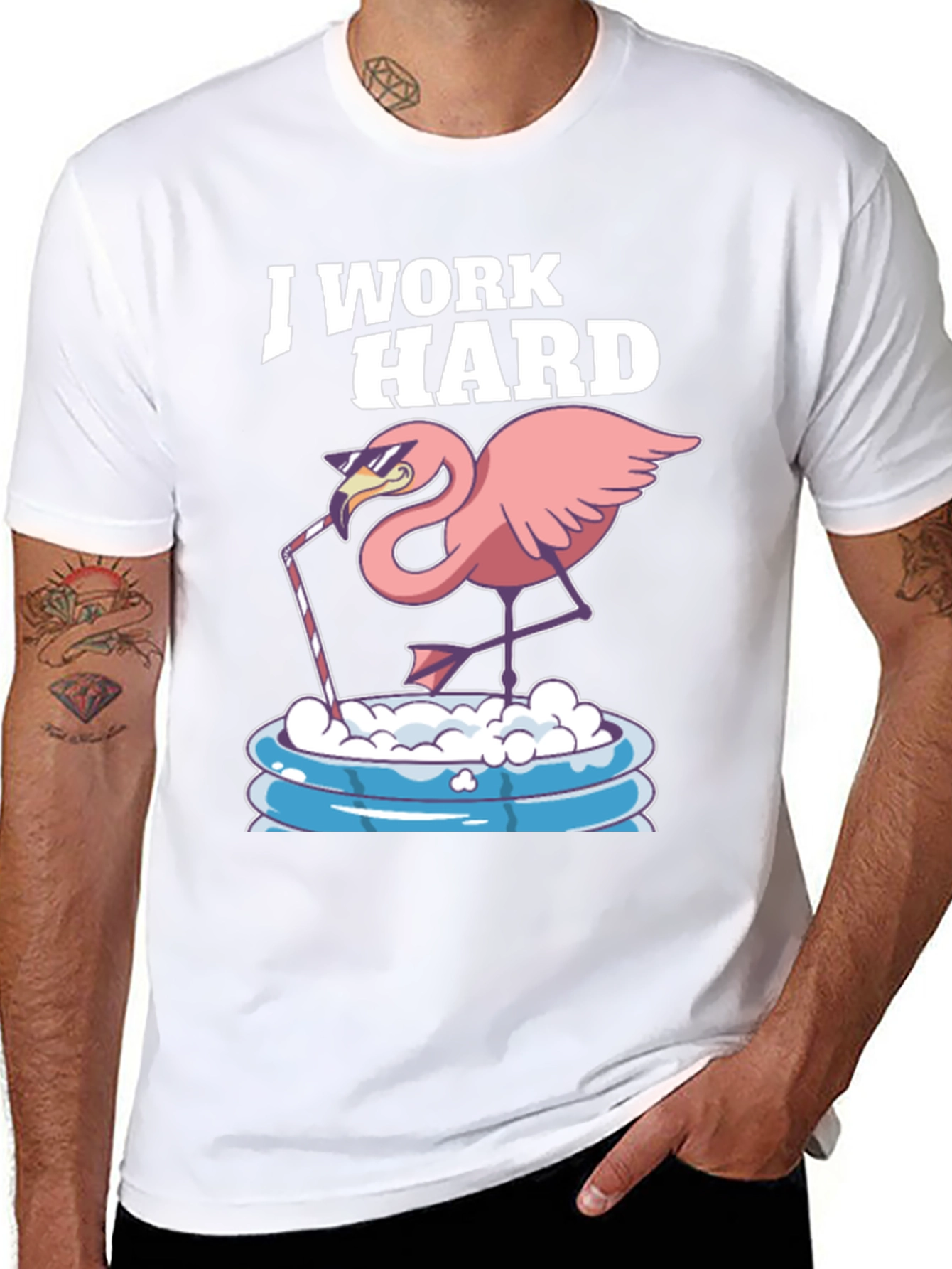 Black I Work Hard Flamingo T-Shirt - Relaxed Poolside Style view 8