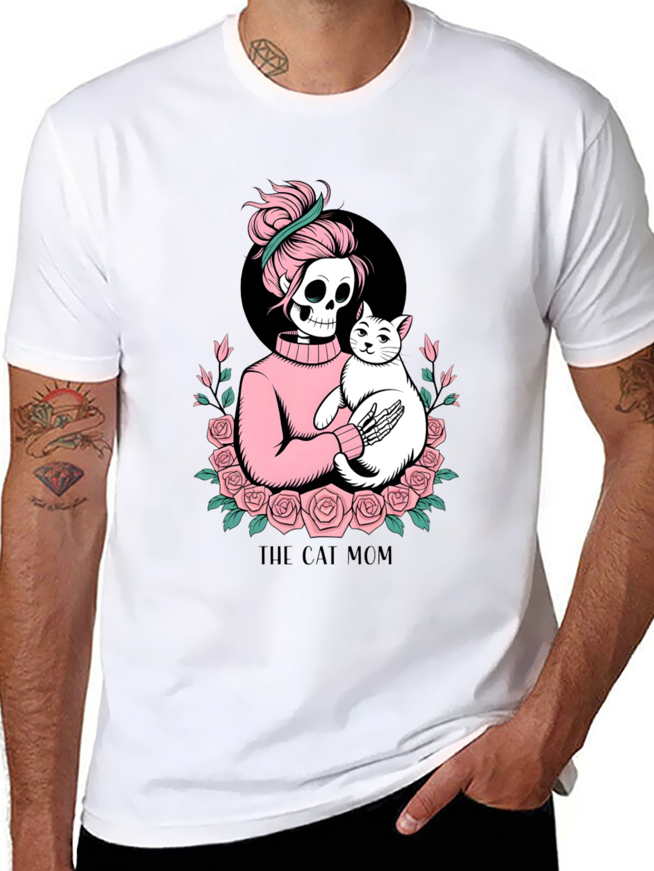 Black Skeleton Cat Mom Graphic Tee - Black view 8