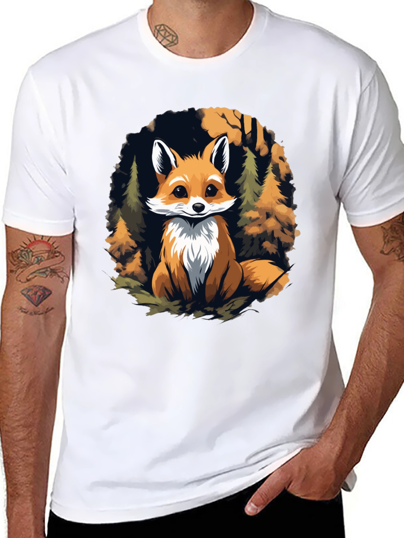 Black Fox in Forest Graphic Print Black T-Shirt view 8