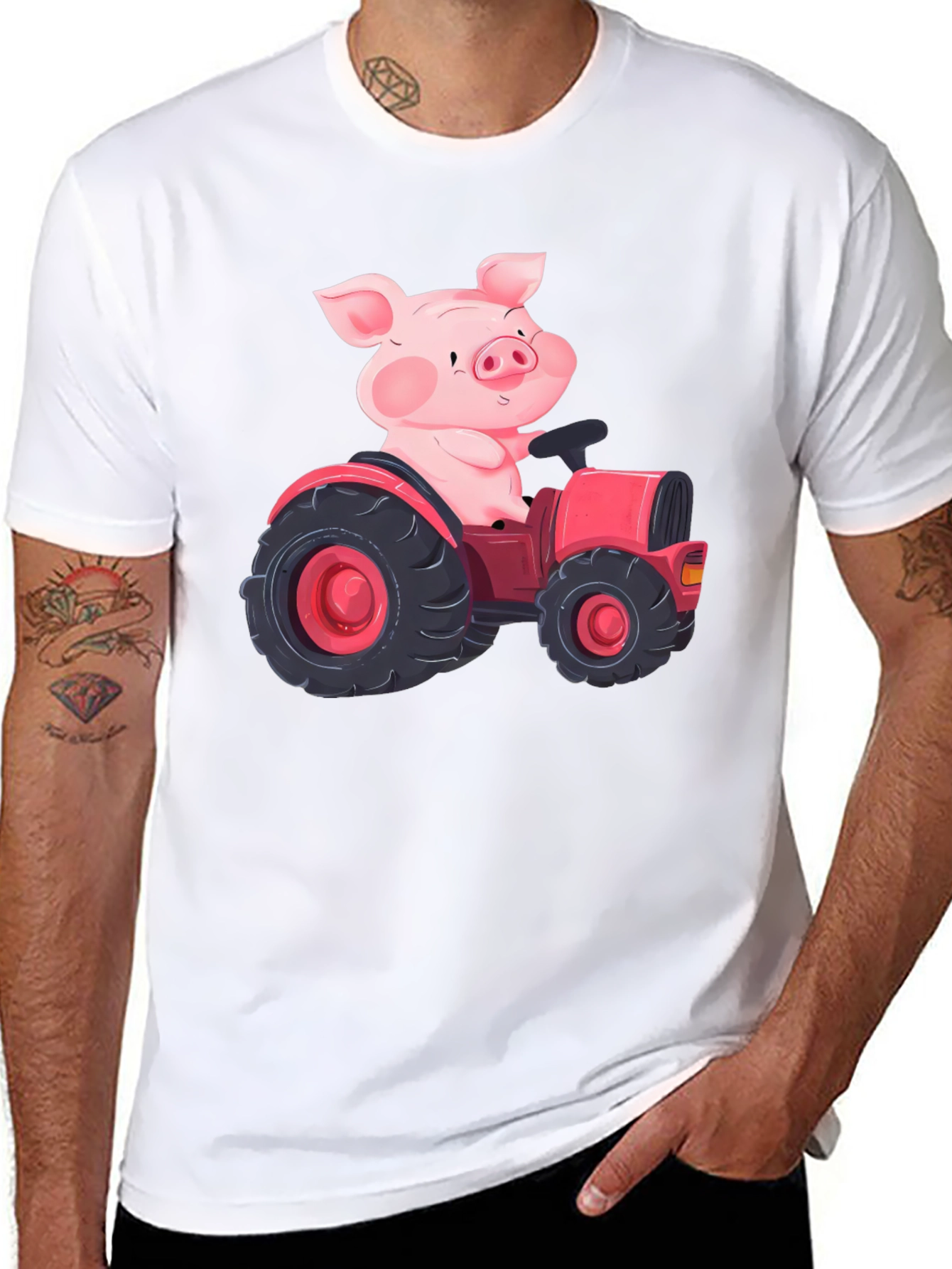 Black Pig Driving Tractor Graphic T-Shirt view 8