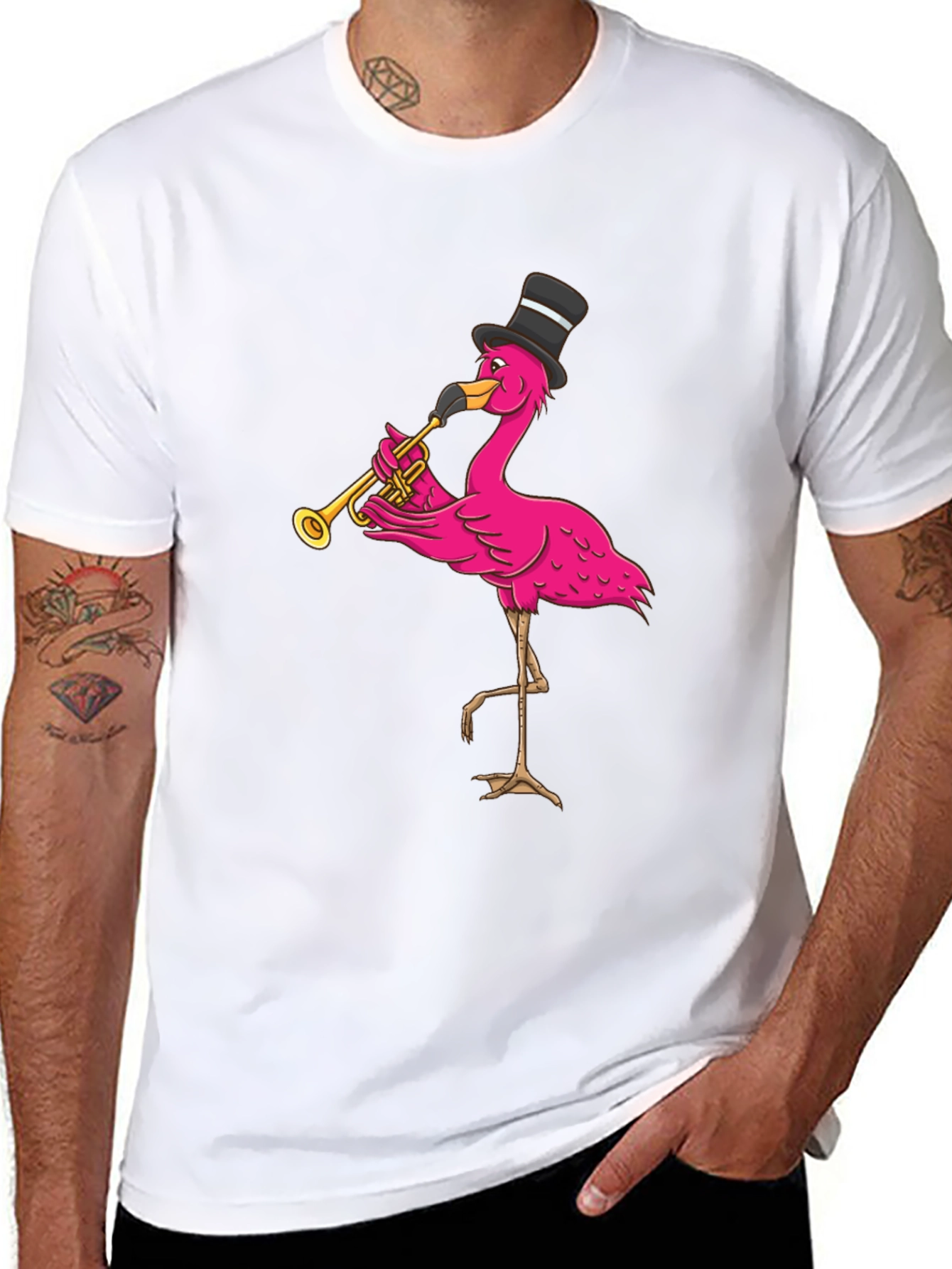 Black Flamingo Trumpet Player T-Shirt - Novelty Graphic Tee view 8