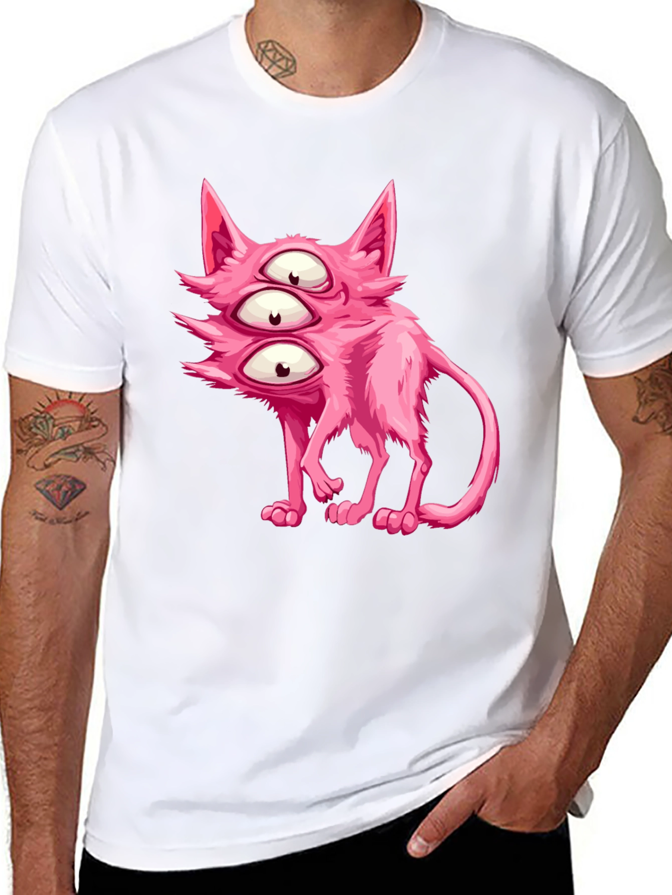 Black Three-Eyed Pink Monster Cat Graphic Tee view 8