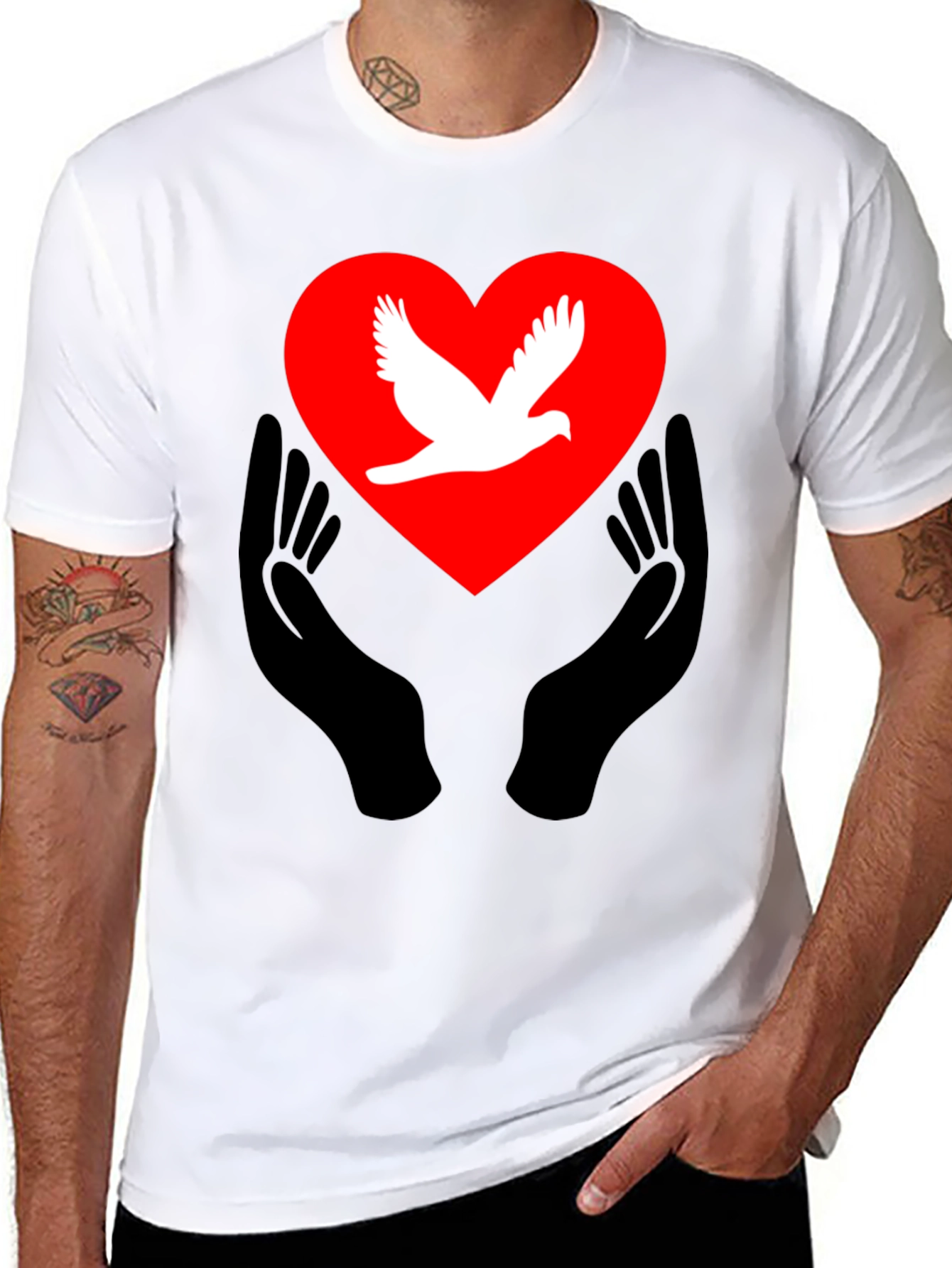 Black Peace Dove Heart Graphic Tee - Black Unisex T-Shirt view 8