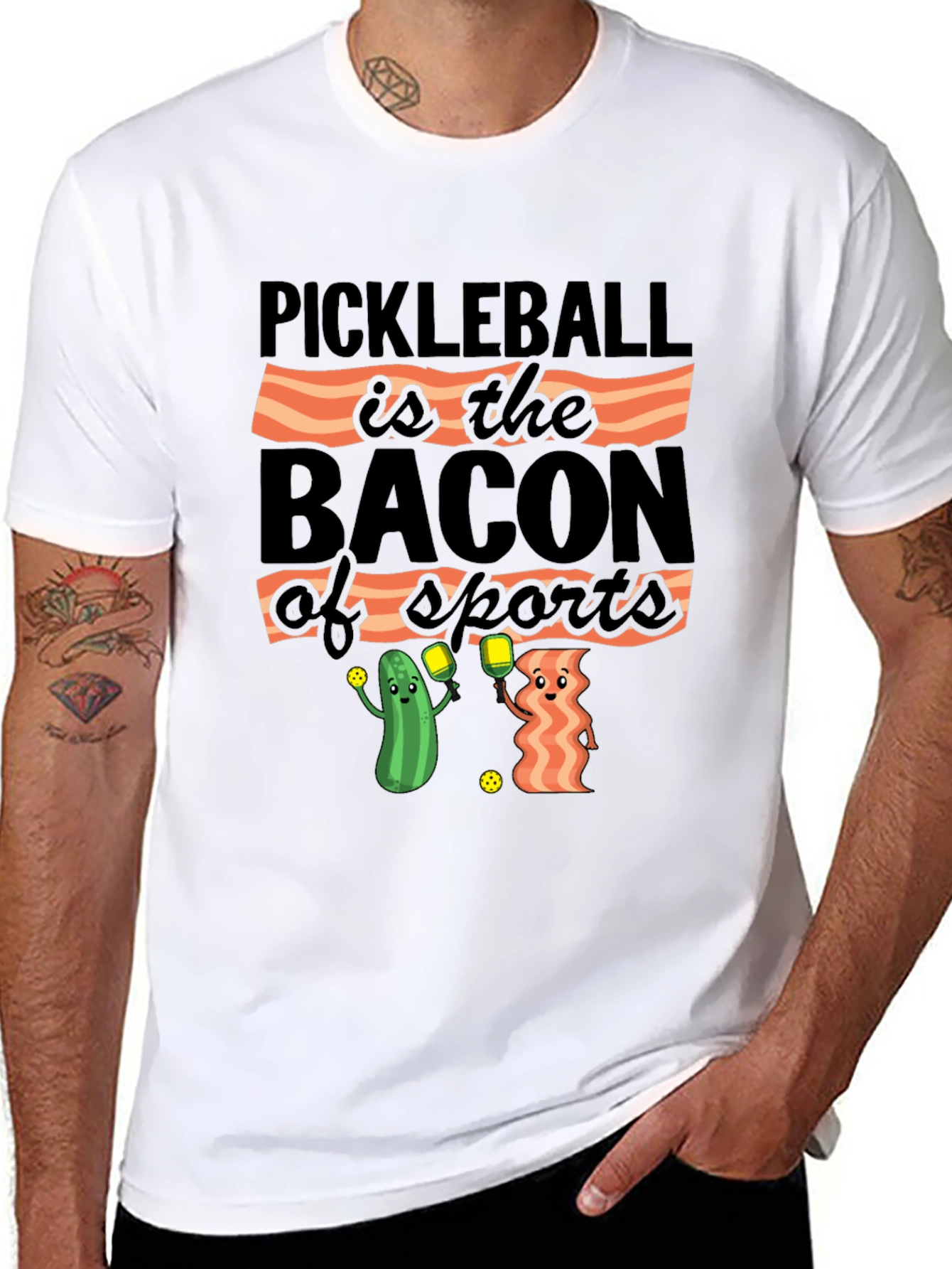 Black Pickleball & Bacon T-Shirt: Sports Humor Tee view 8