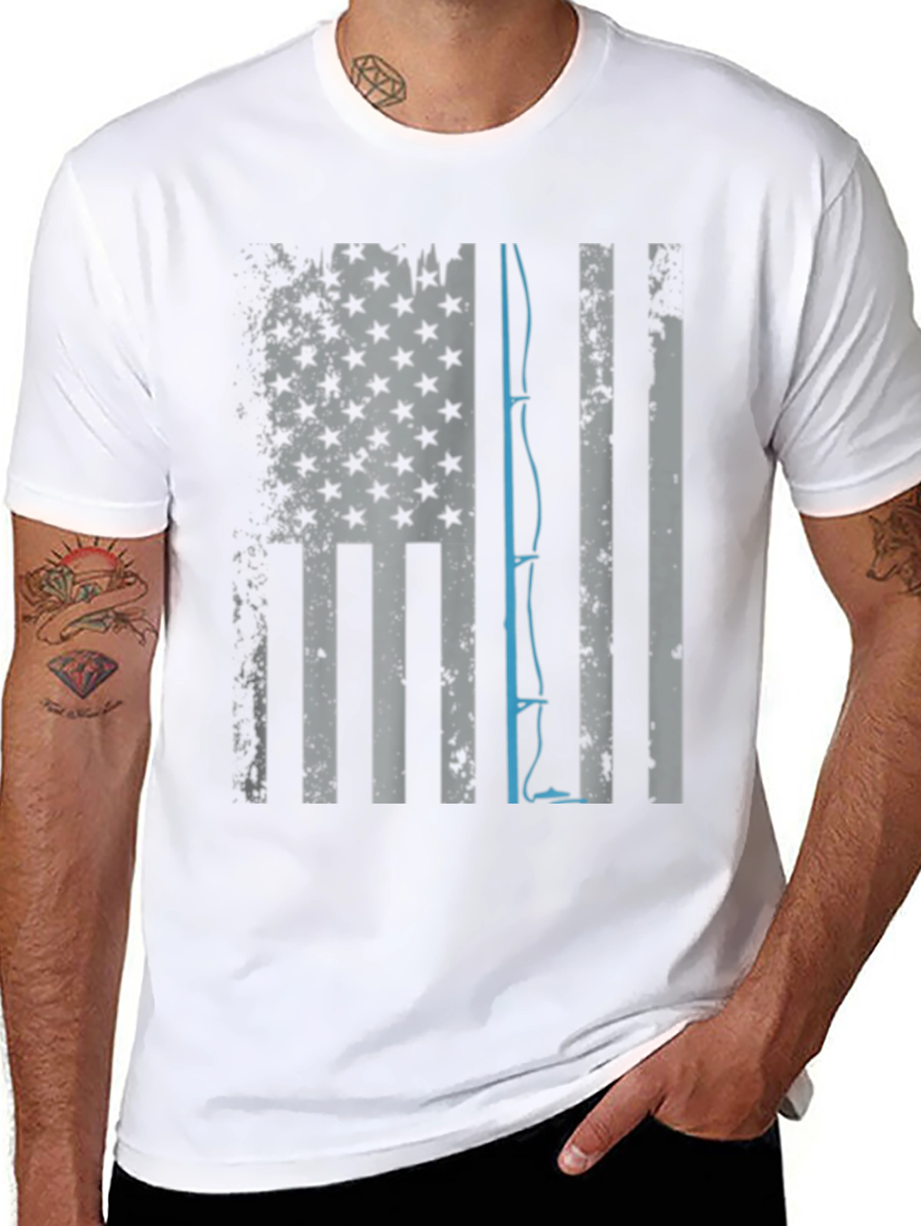 Black Fishing Rod USA Flag Graphic T-Shirt view 8