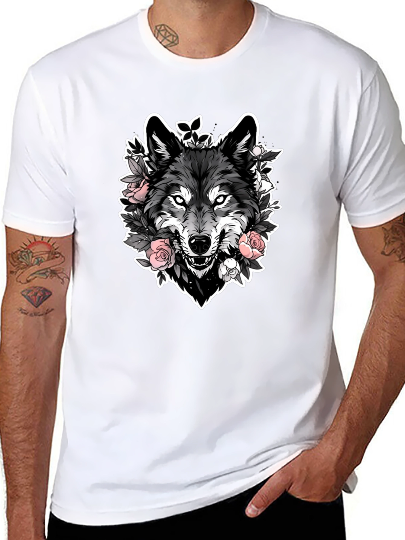 Black Wolf & Roses Graphic Black T-Shirt view 8