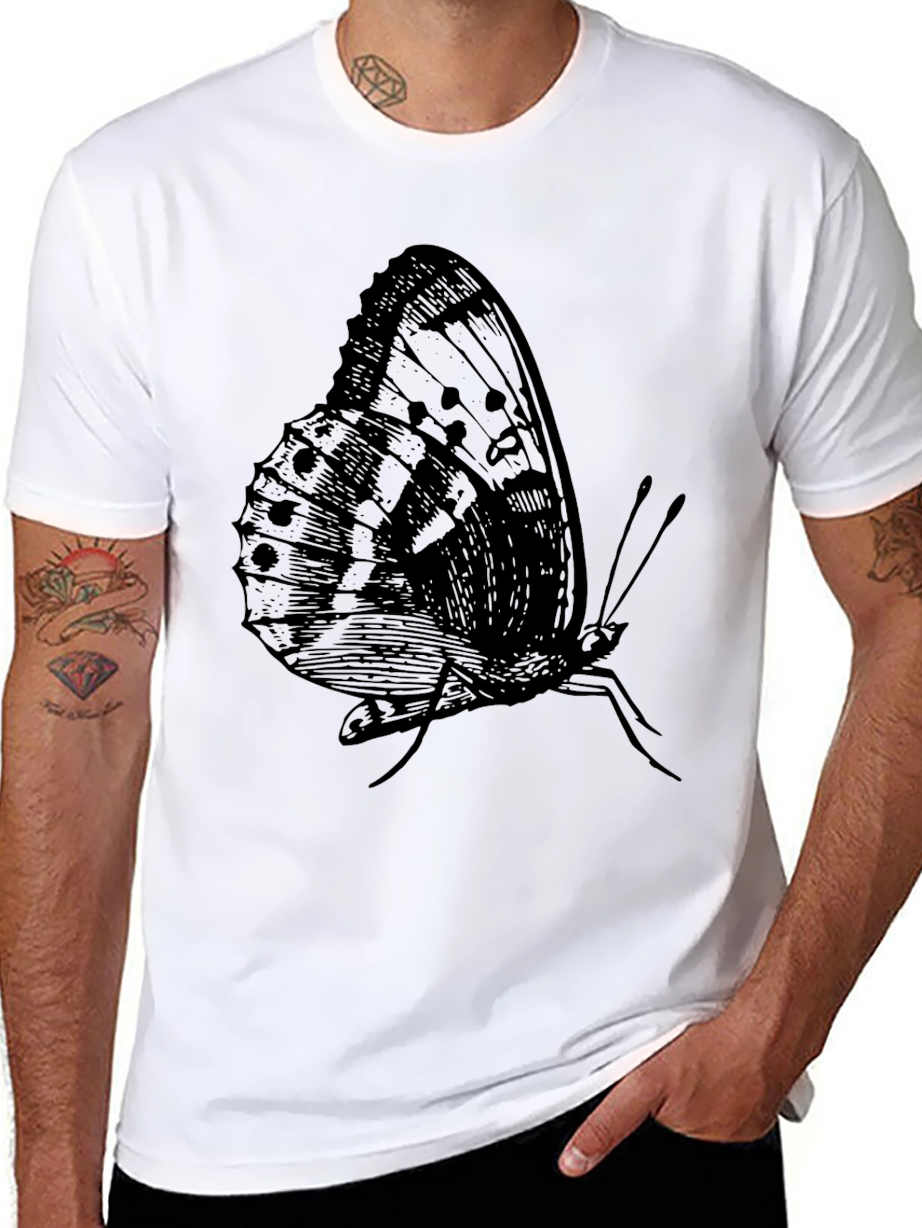 Black Butterfly Graphic Print Black T-Shirt for Men view 8