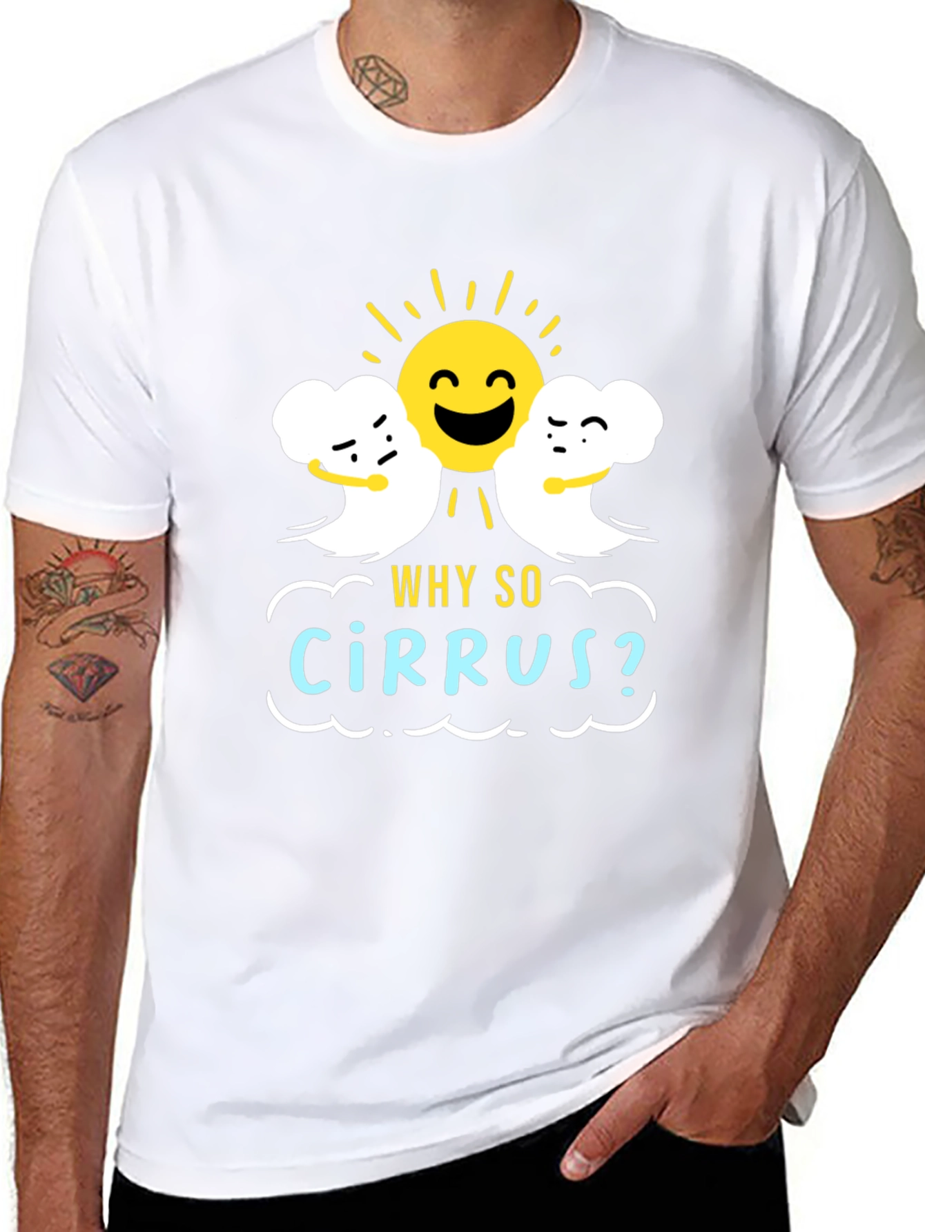 Black Humorous Weather T-Shirt: "Why So Cirrus?" Design view 8