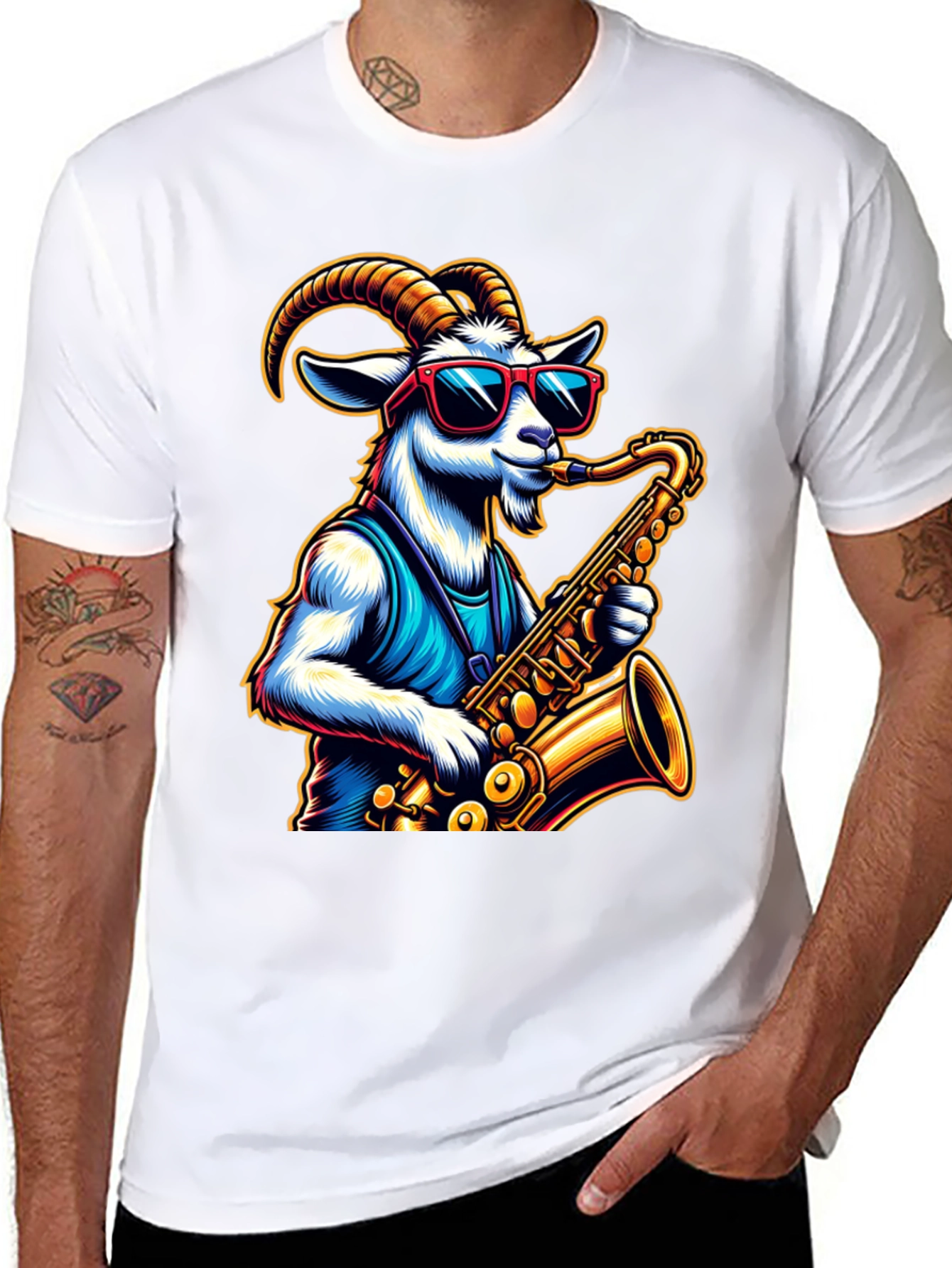 Black Cool Goat Saxophone Player Graphic Tee view 8
