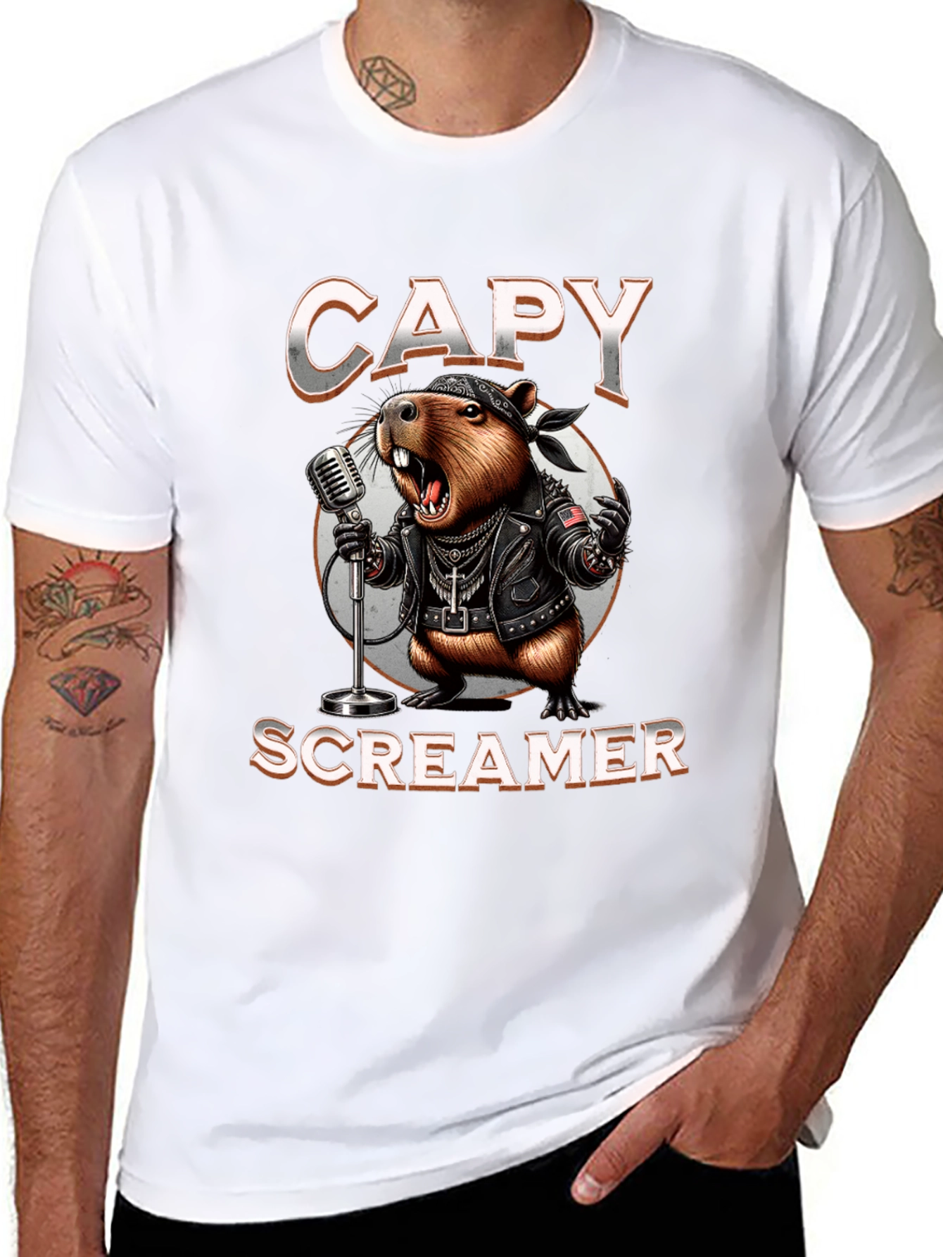 Black Capy Screamer T-Shirt - Rocker Capybara Design view 8